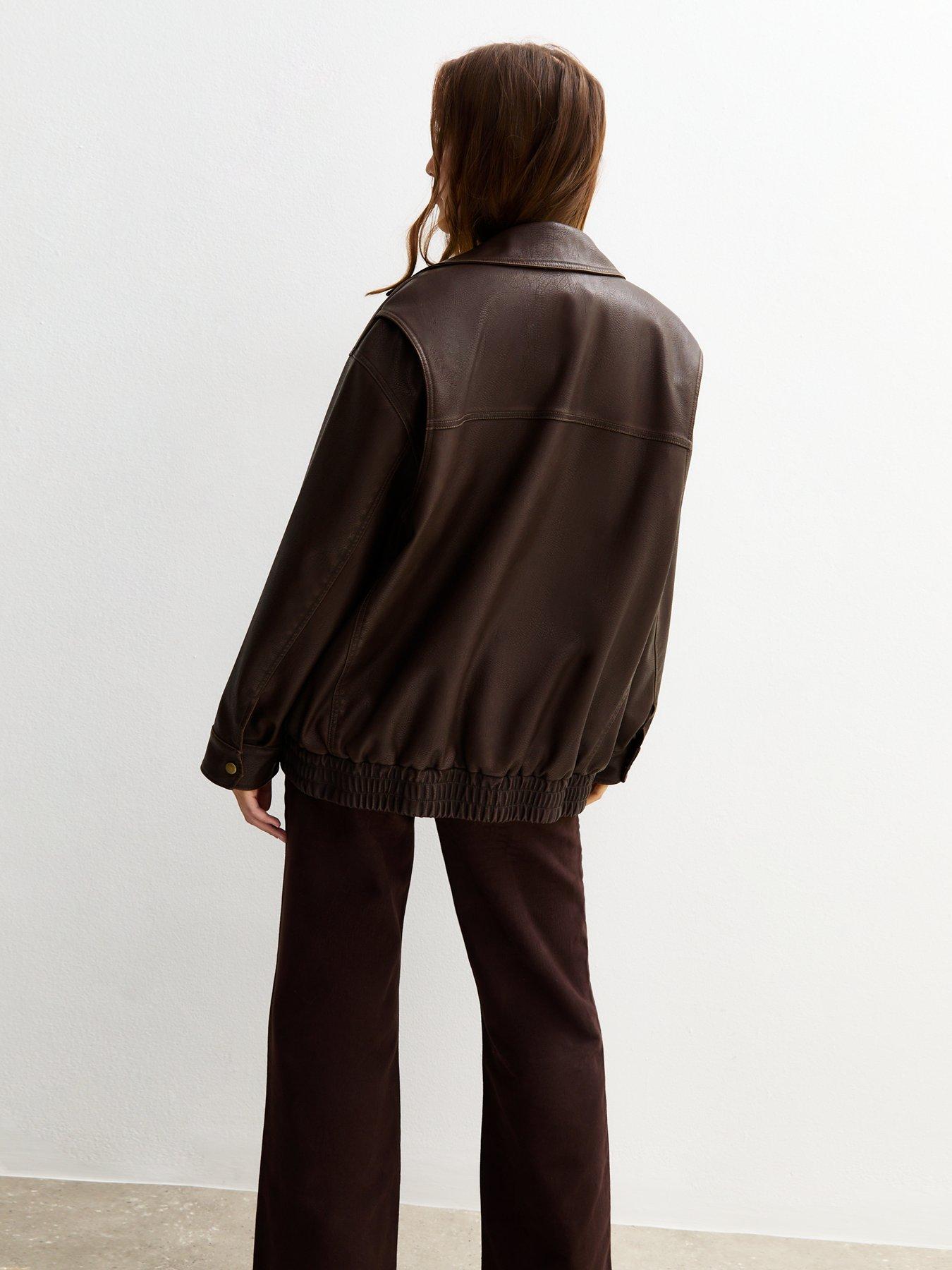 Image 2 of 6 of New Look Oversized Washed Faux Leather Jacket - Dark Brown