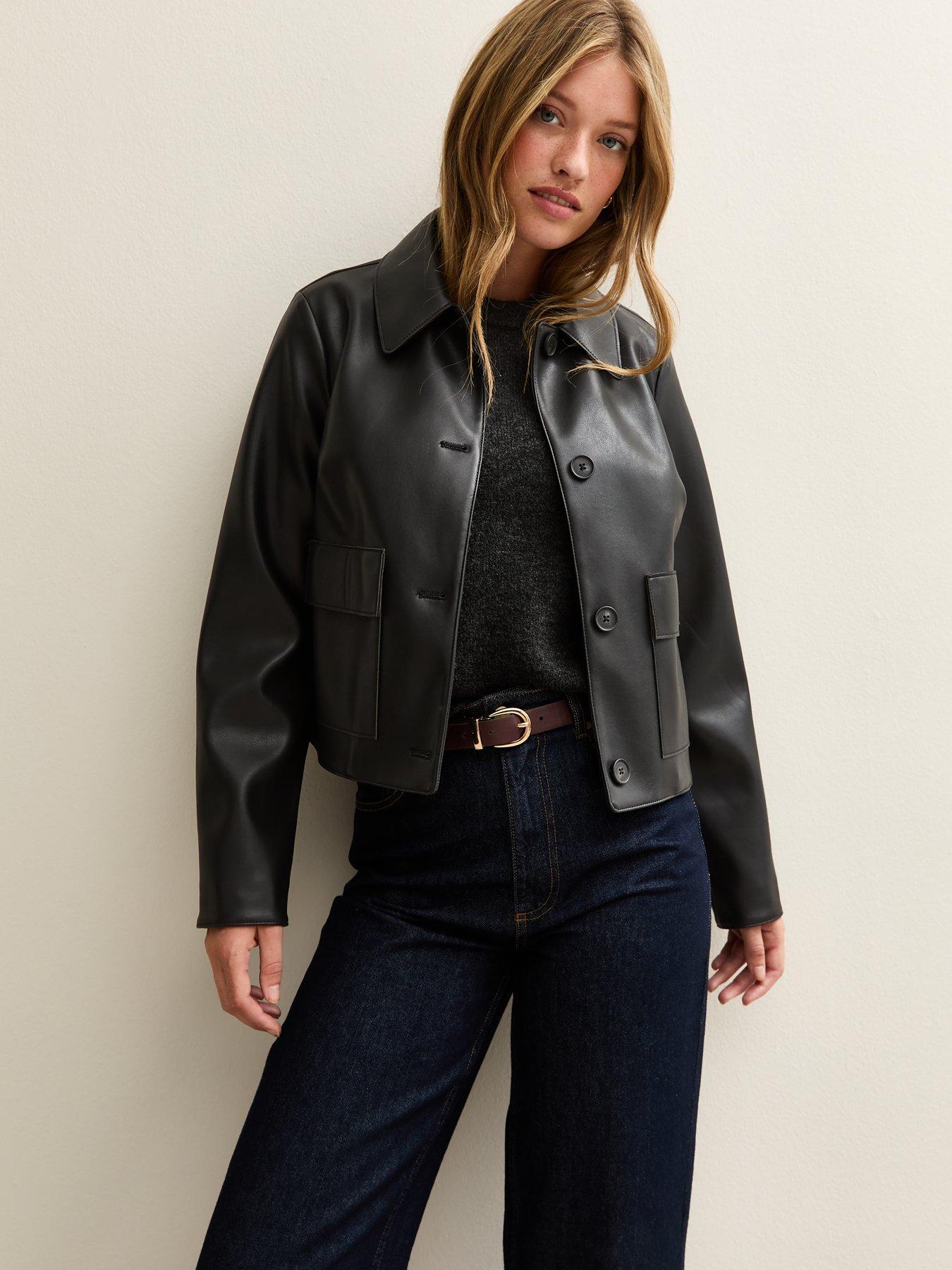 New Look Faux Leather Button Through Patch Pocket Jacket - Black