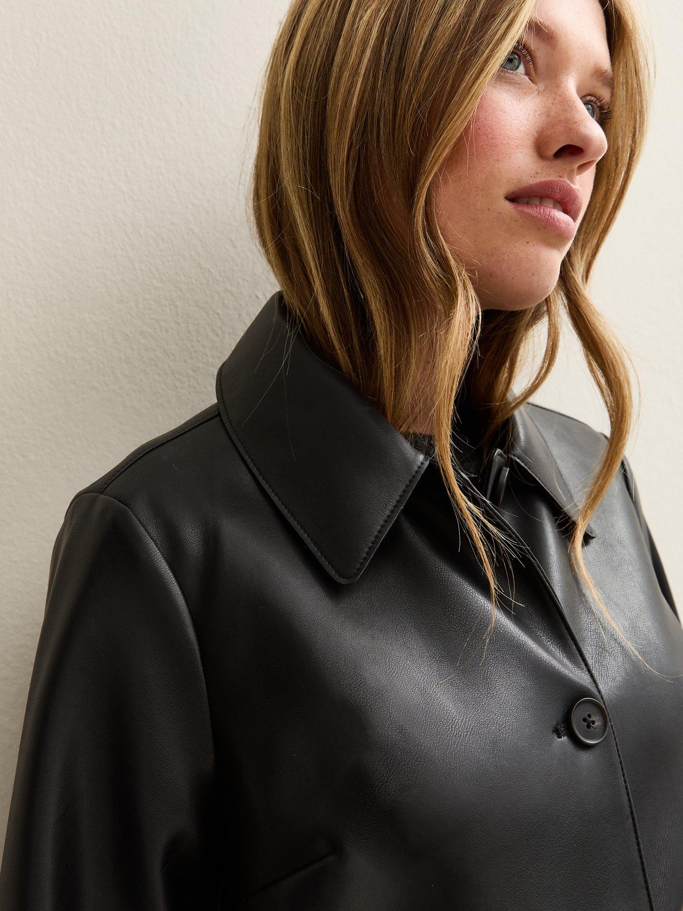 Image 4 of 5 of New Look Faux Leather Button Through Patch Pocket Jacket - Black