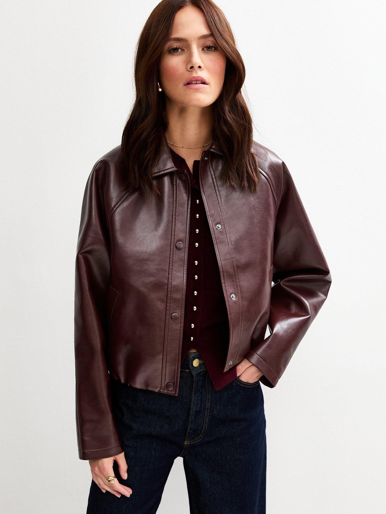 New Look: Dark Burgundy Bubble Hem Faux Leather Jacket - Red