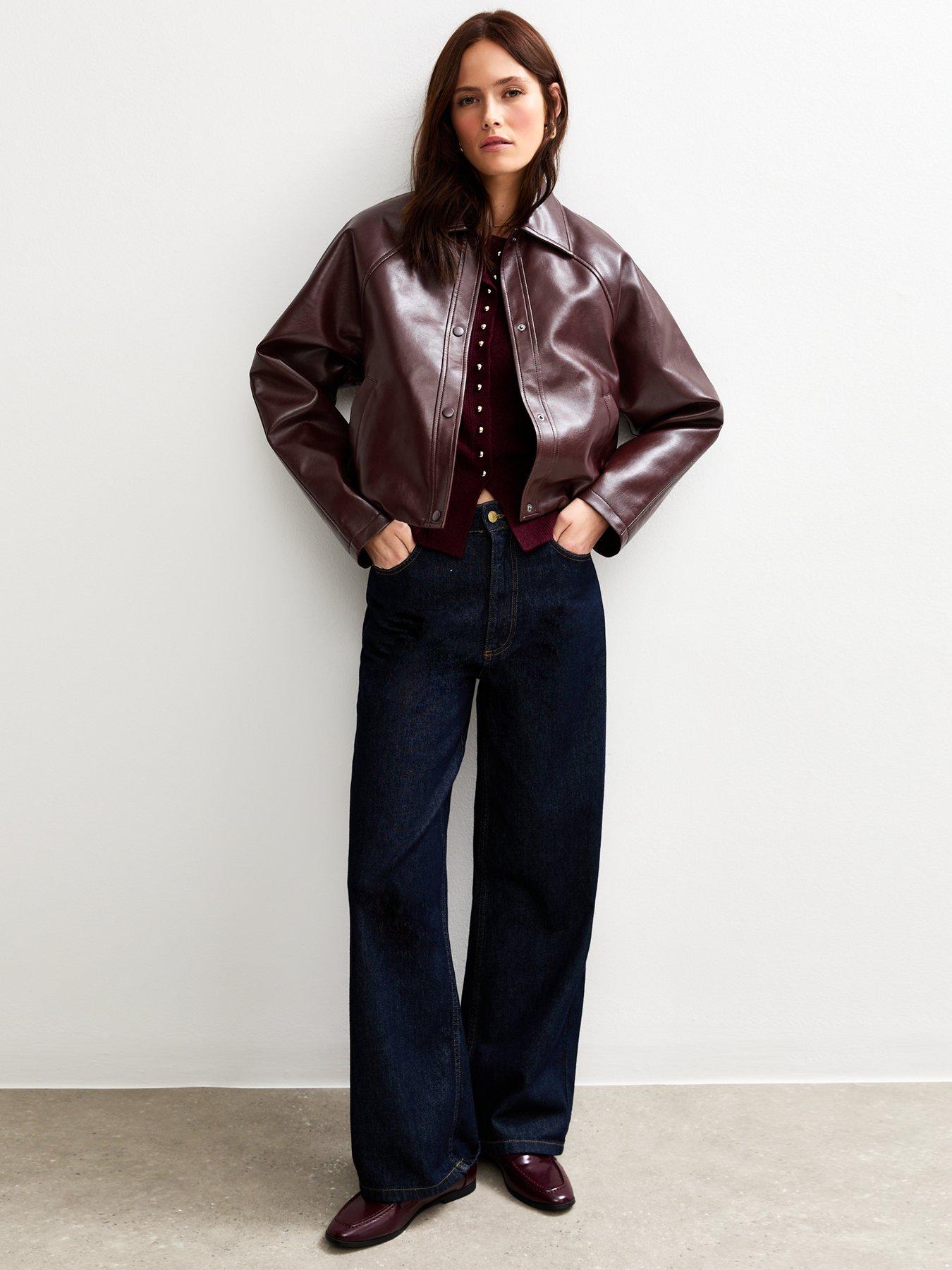 Image 3 of 6 of New Look Dark Burgundy Bubble Hem Faux Leather Jacket - Red