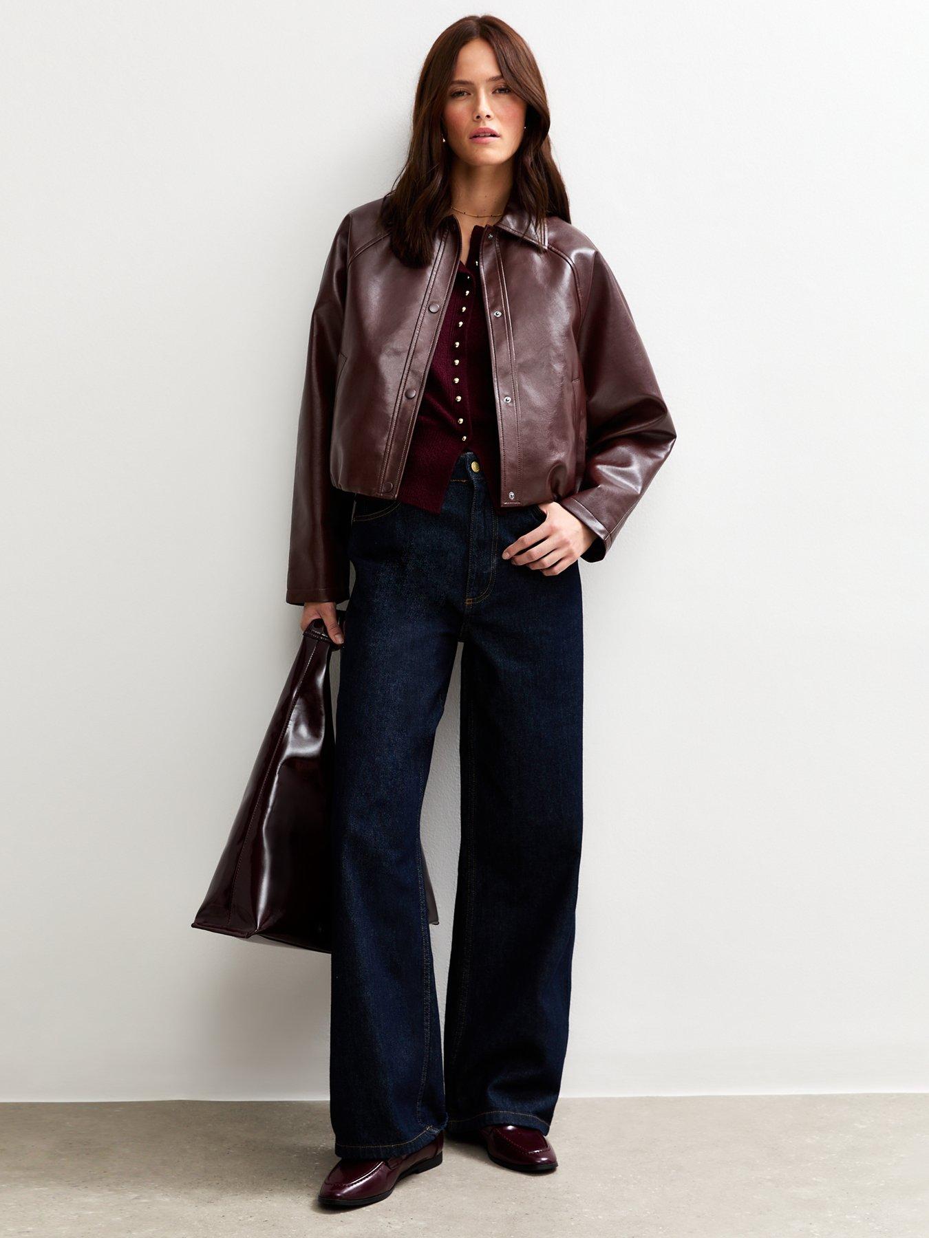 Image 6 of 6 of New Look Dark Burgundy Bubble Hem Faux Leather Jacket - Red