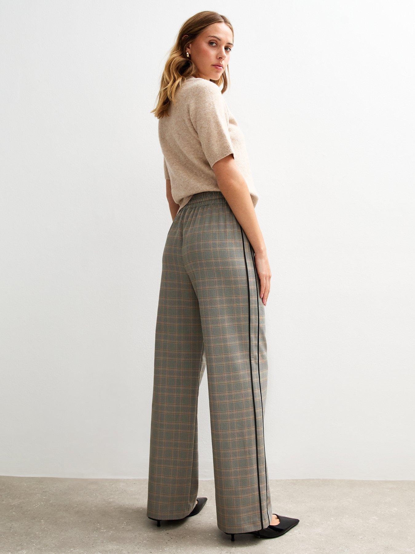 Image 2 of 5 of New Look Check Side Stripe Wide Leg Trousers - Black Print