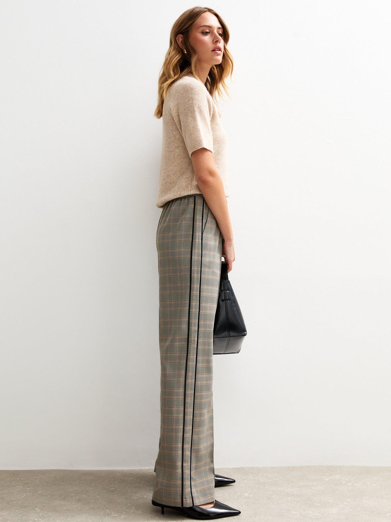 Image 3 of 5 of New Look Check Side Stripe Wide Leg Trousers - Black Print