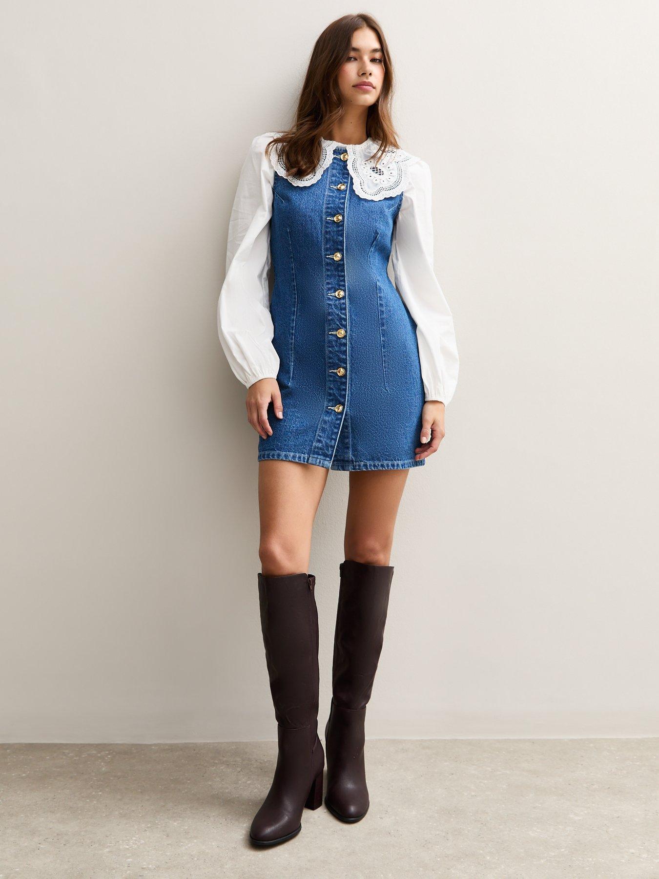denim shift dress Chambray Denim Button Down Pleated Dress D5541 Small