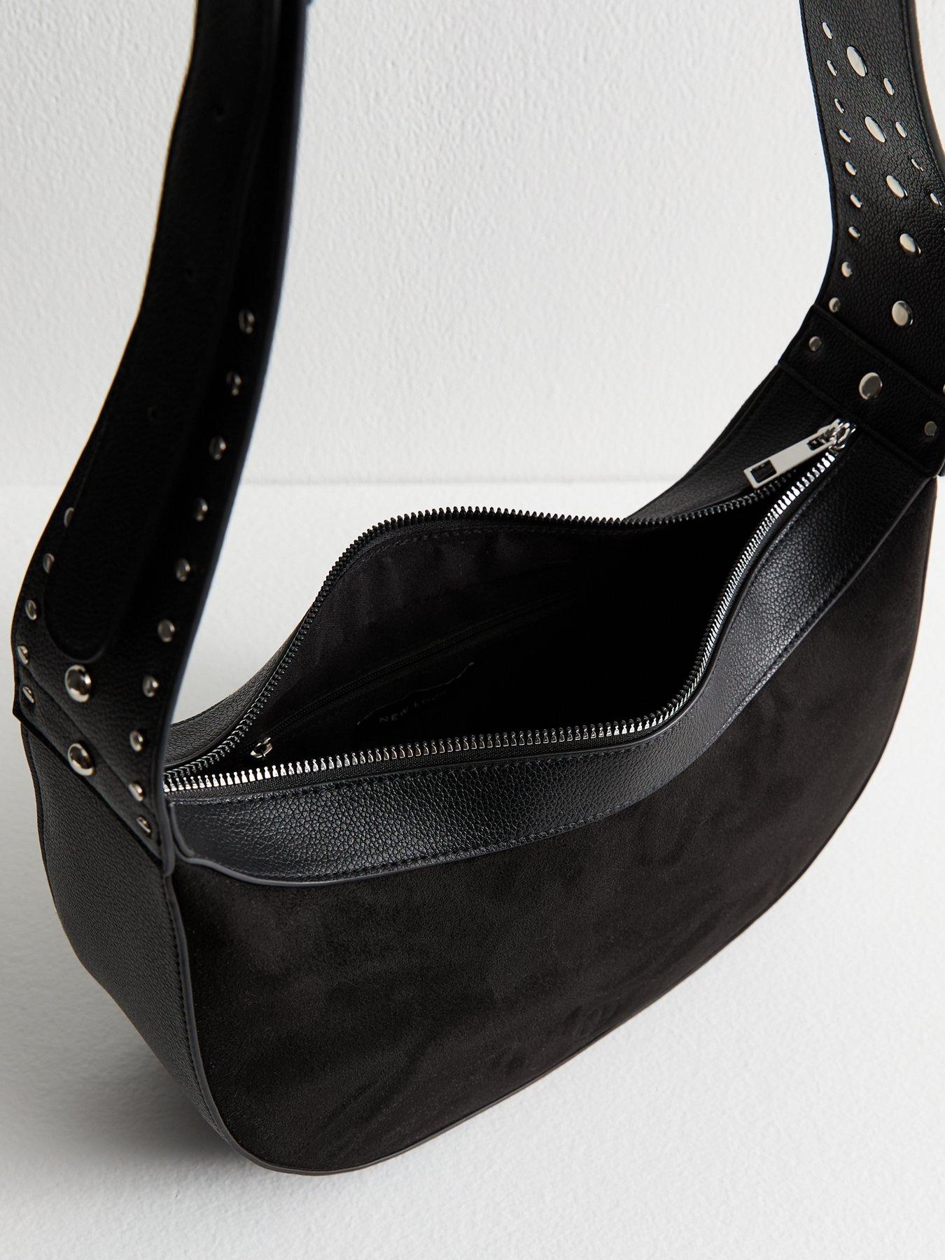 Image 5 of 5 of New Look Faux Suede Studded Strap Sling Crossbody Bag - Black