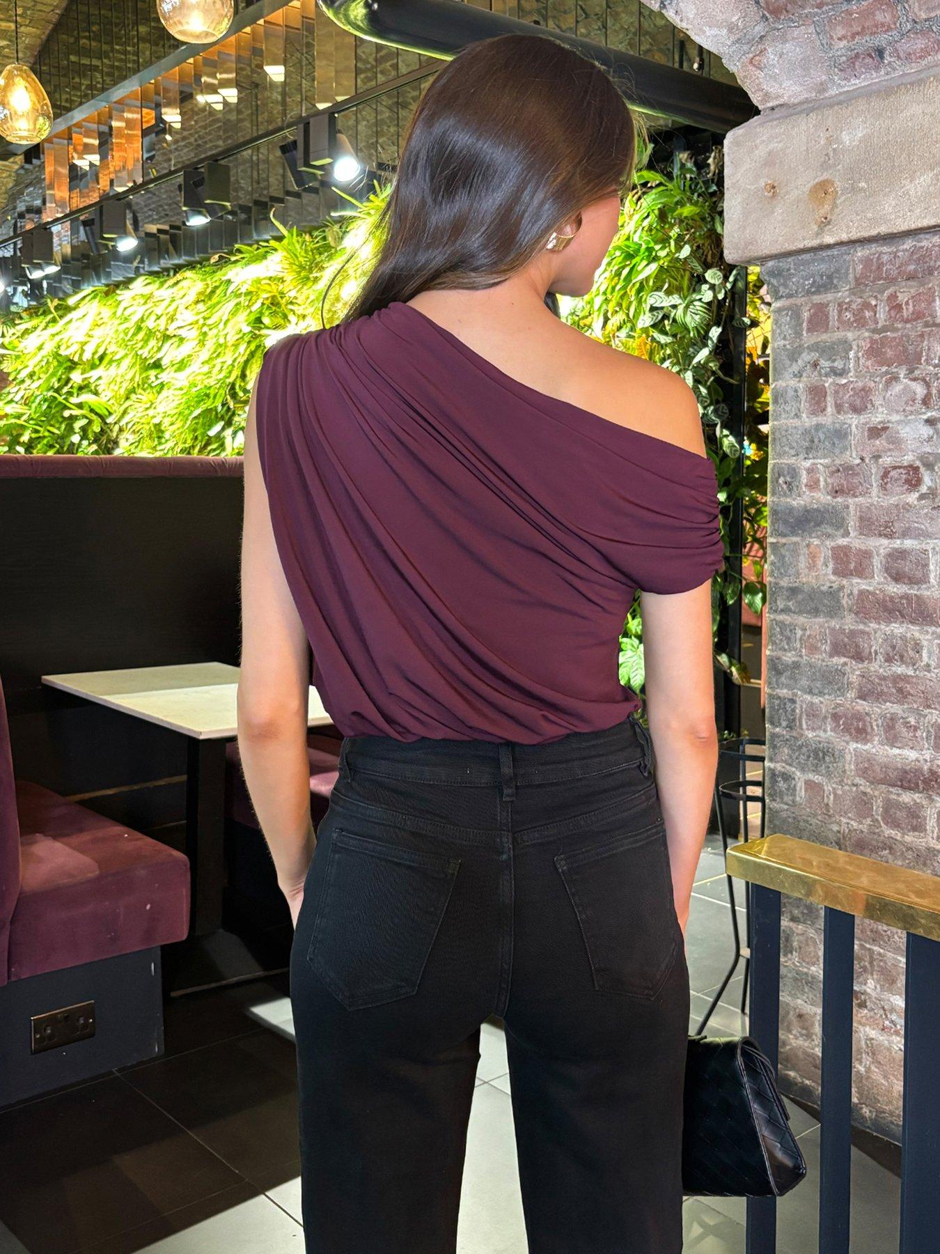 Image 2 of 4 of AX Paris Off The Shoulder Draped Bodysuit - Purple