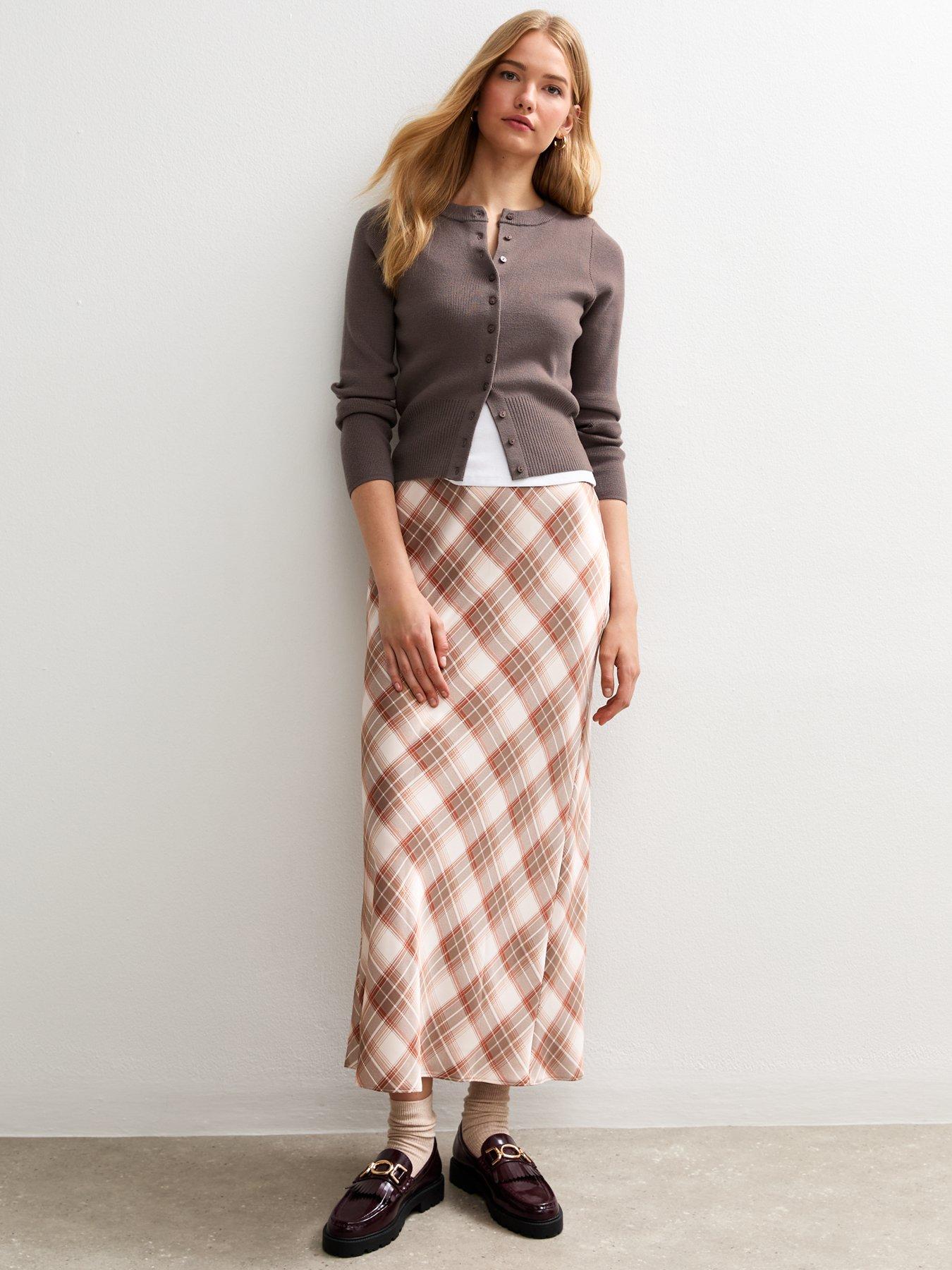 New Look Checked Satin Bias Cut Midi Skirt Pink Very
