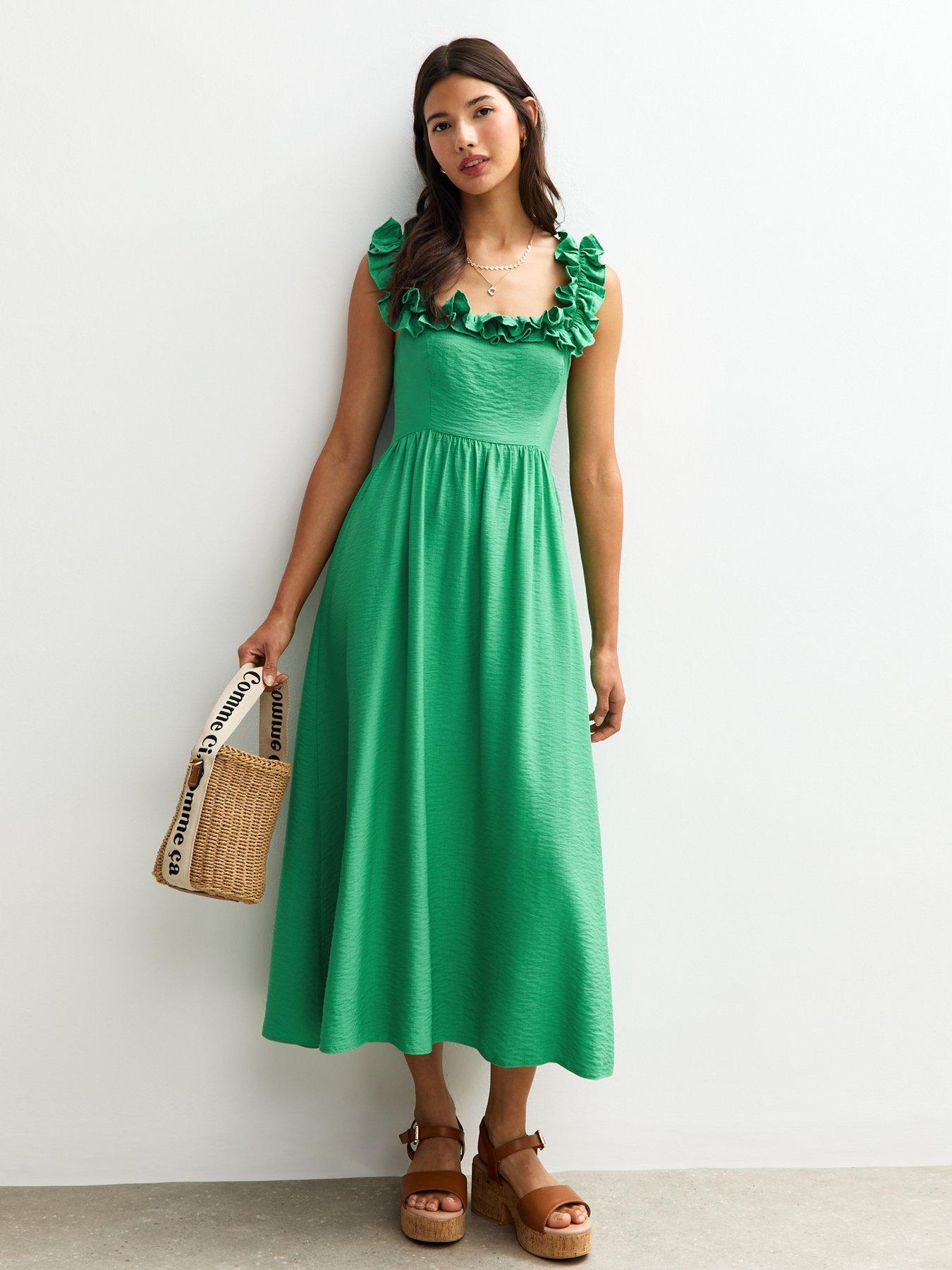 undefined Green Square Neck Ruffled Bow Tie Back Midi Dress