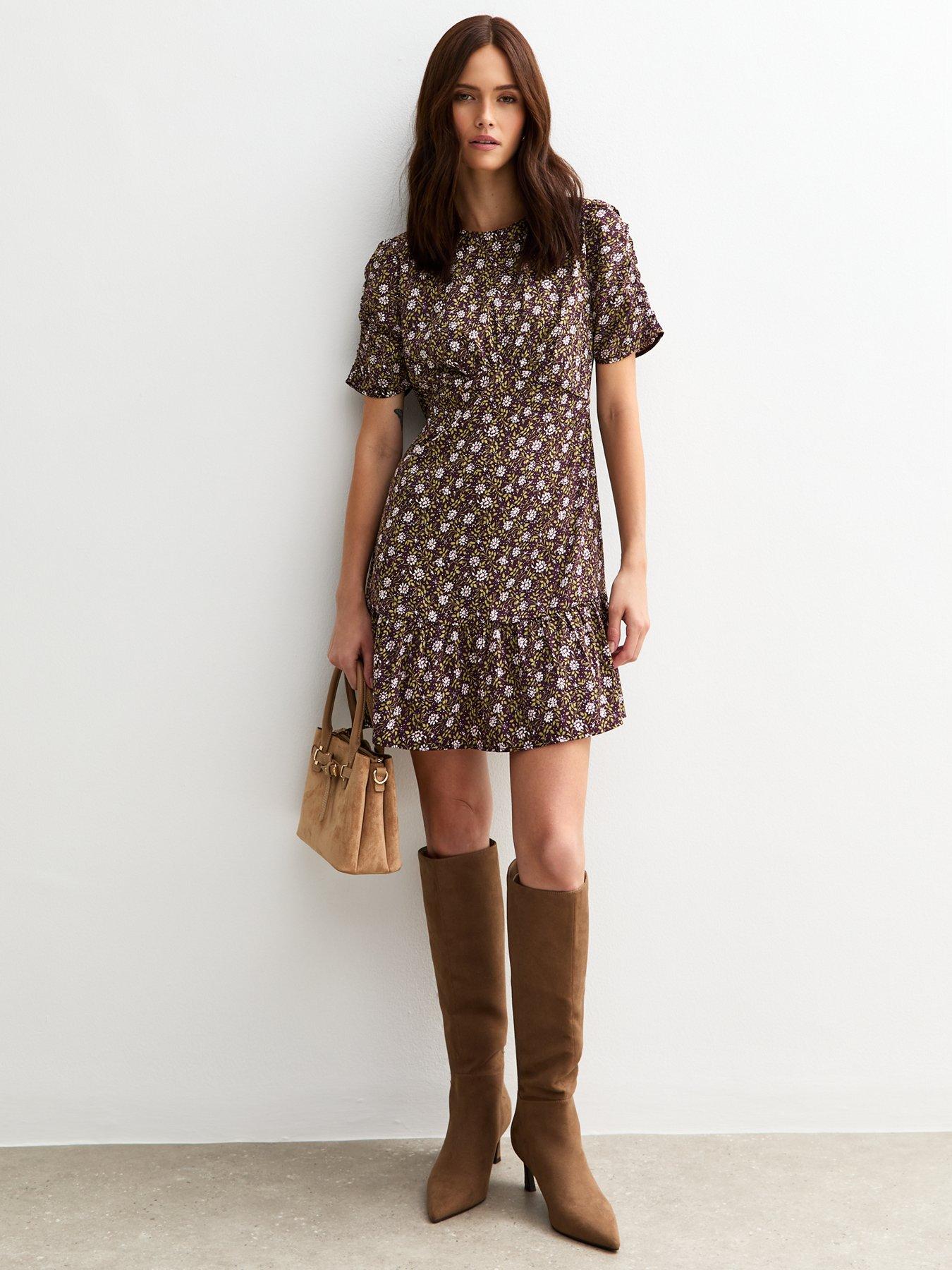 undefined Floral Print Crepe Ruched Sleeve Mini Dress - Green
