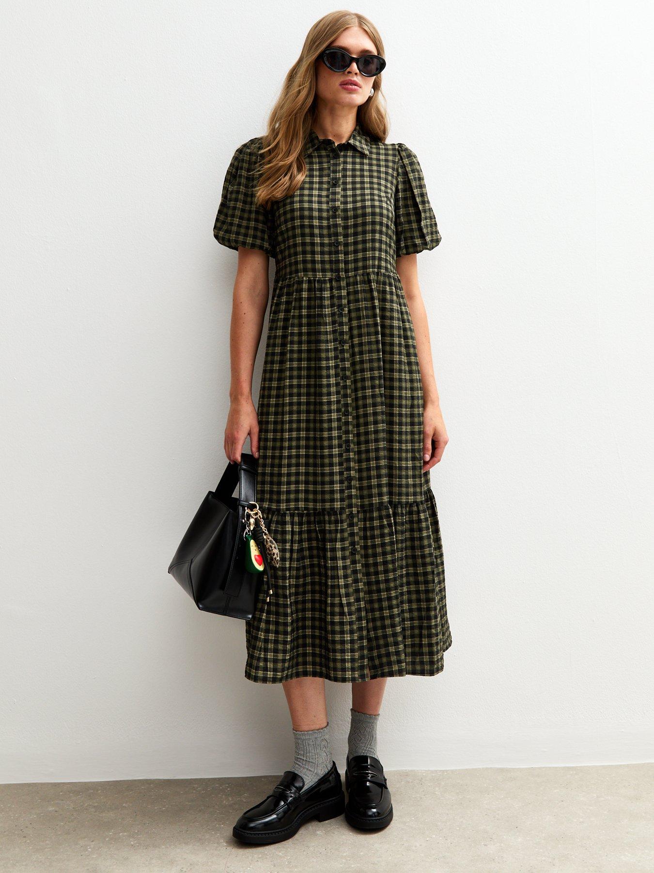 New Look: Check Print Midi Shirt Dress - Green