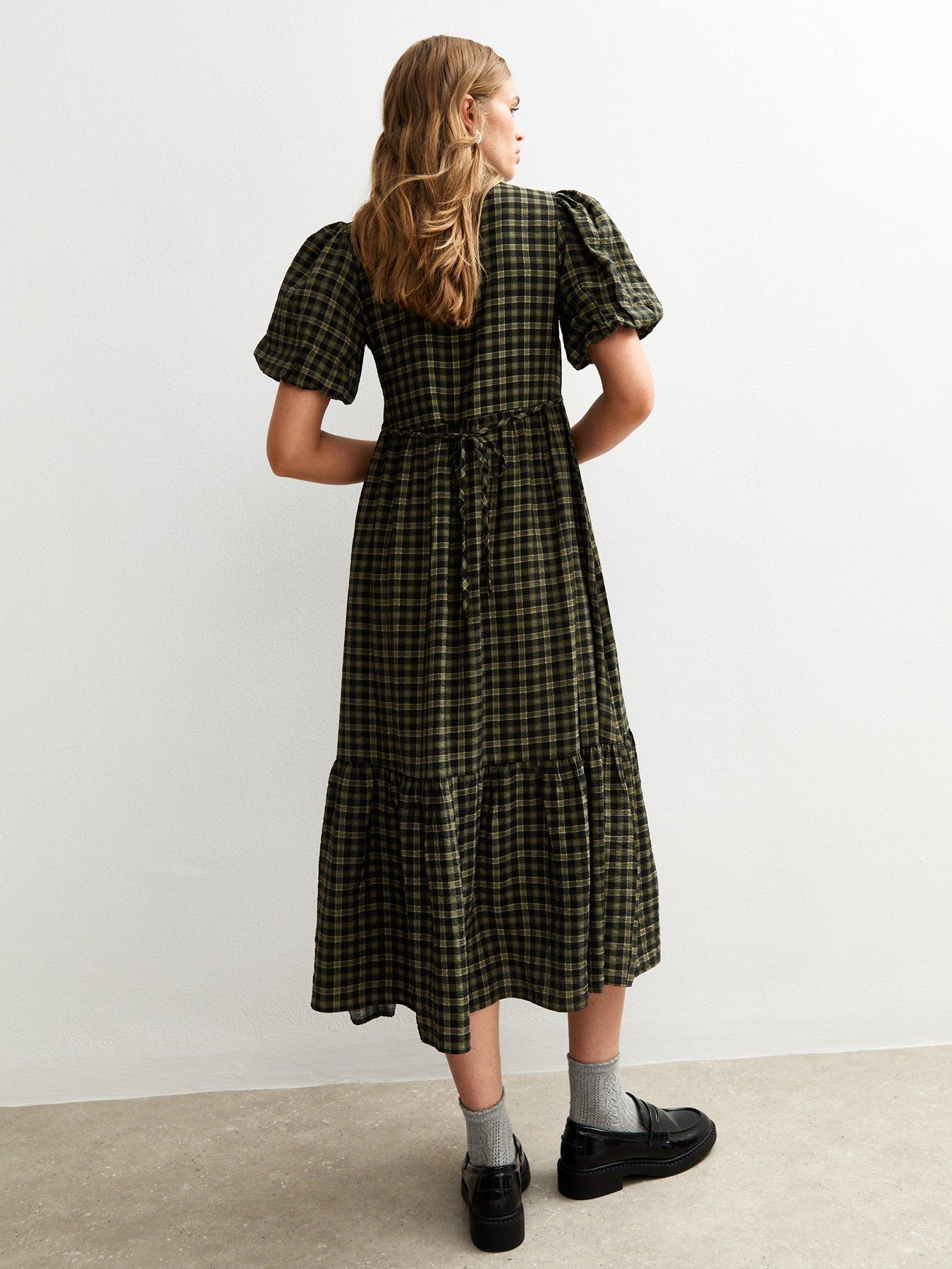 Image 2 of 5 of New Look Check Print Midi Shirt Dress - Green