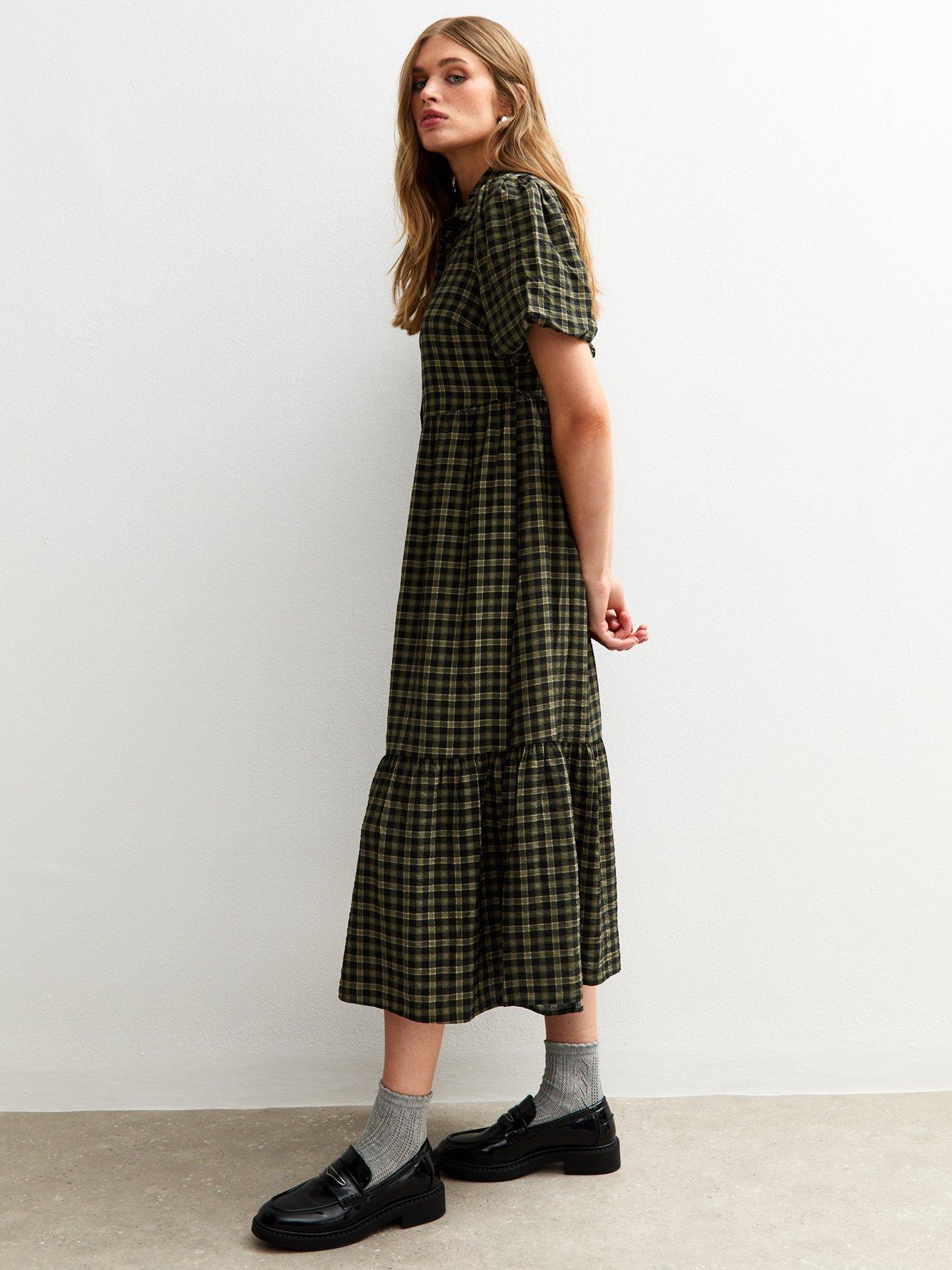 Image 3 of 5 of New Look Check Print Midi Shirt Dress - Green