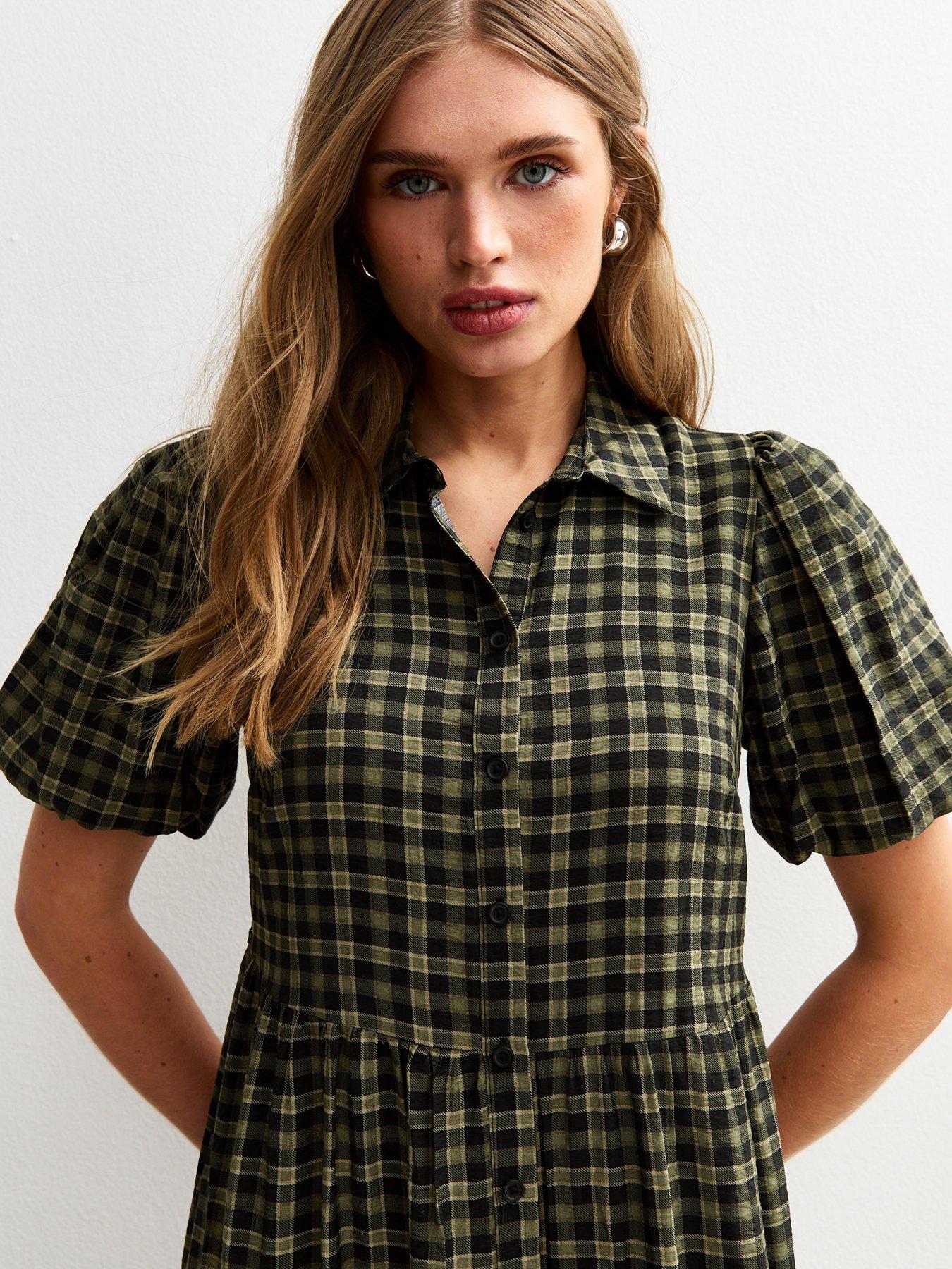 Image 4 of 5 of New Look Check Print Midi Shirt Dress - Green