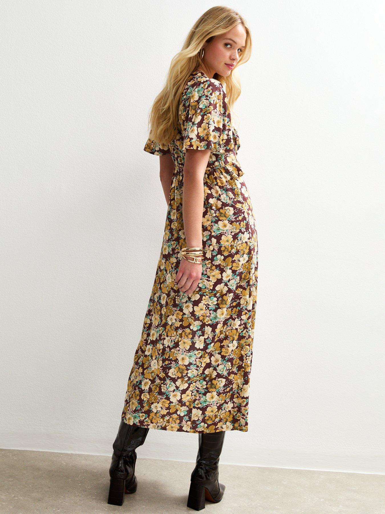 New Look Brown Floral Print Ruffle Trim Midi Dress Yellow Very