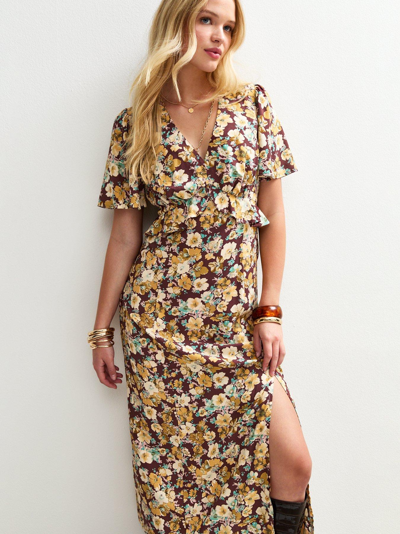 New Look Brown Floral Print Ruffle Trim Midi Dress Yellow Very