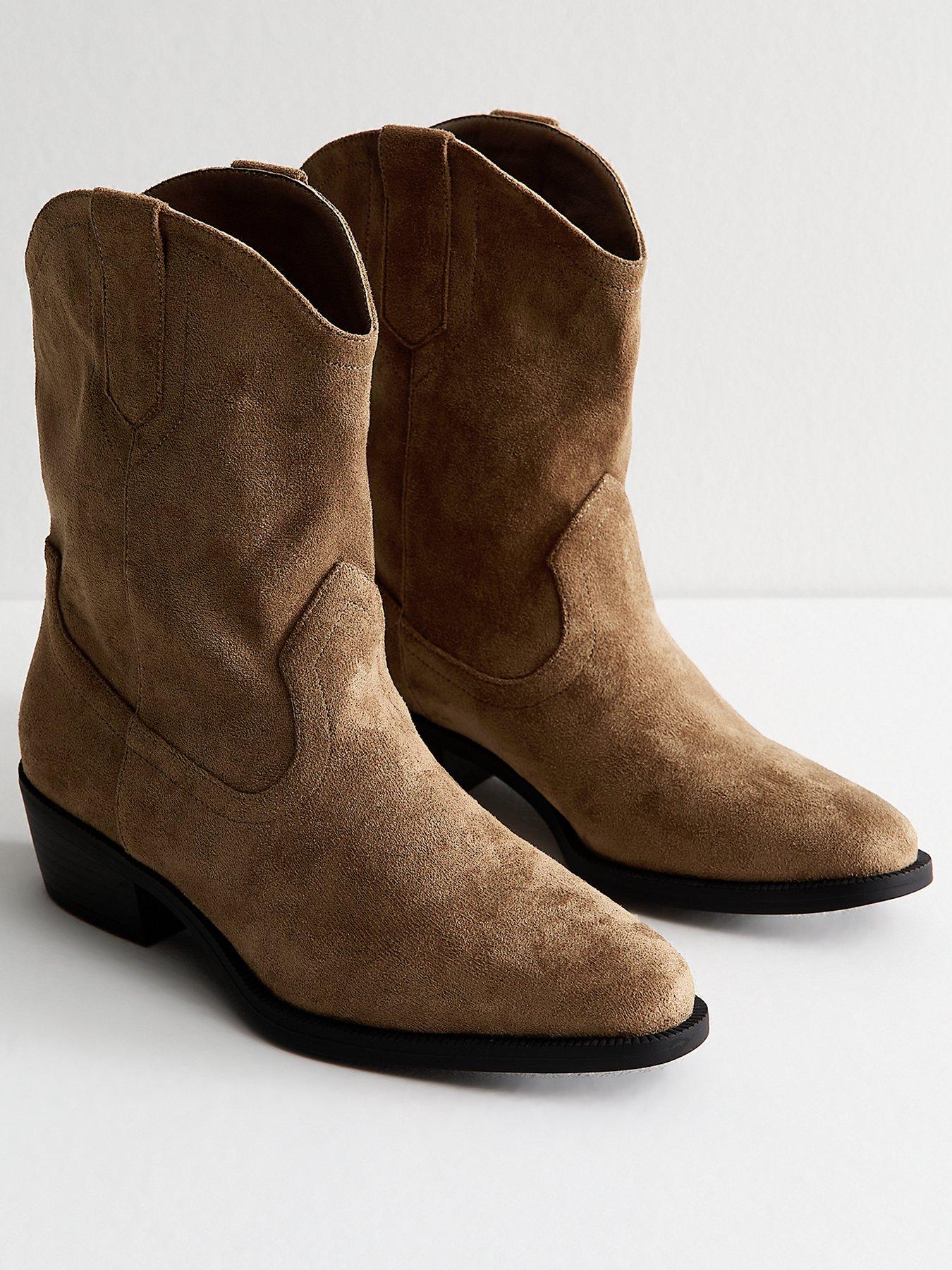 Image 2 of 6 of New Look Camel Faux Suede Western Boots - Brown