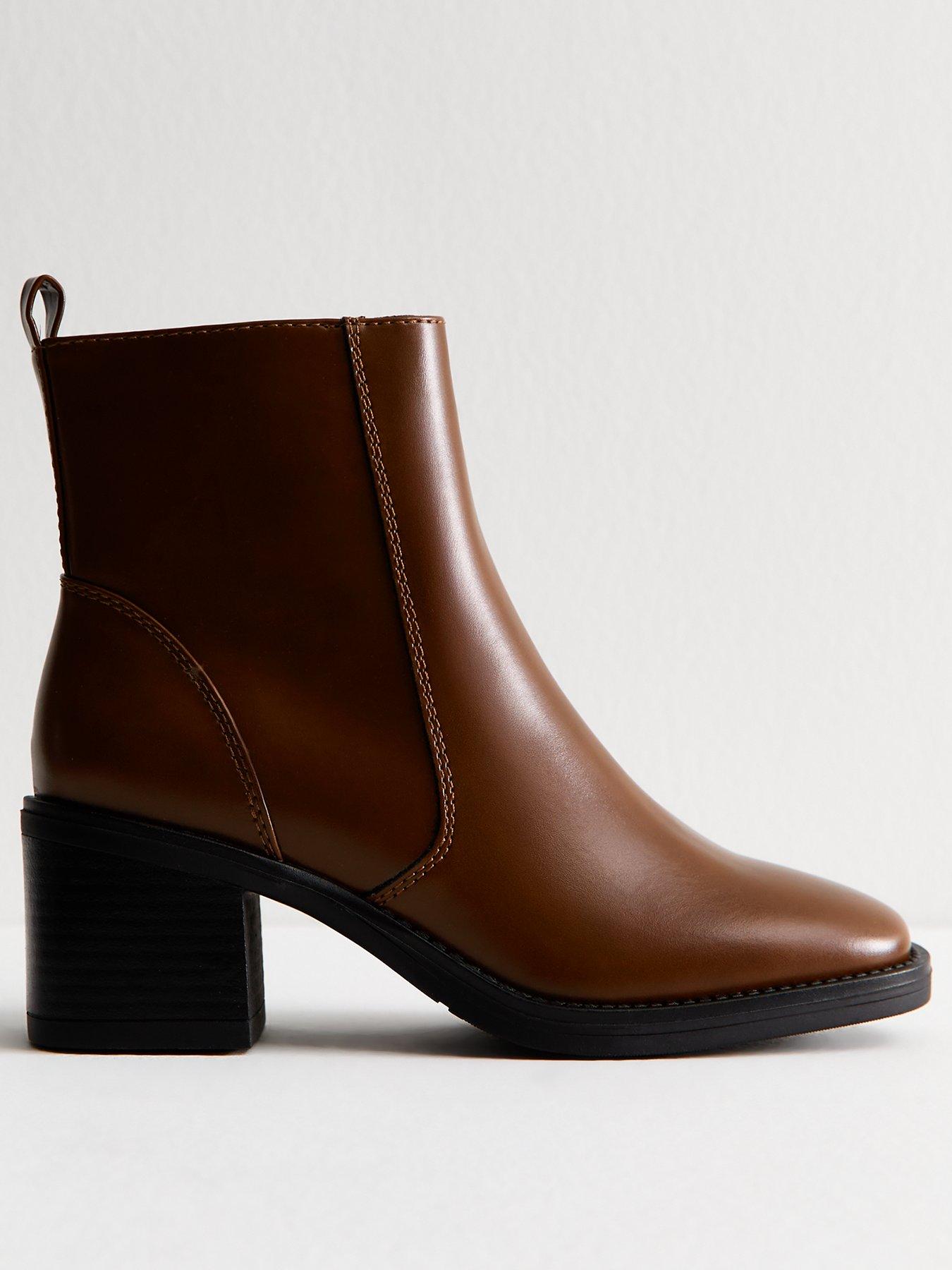 undefined Brown Faux Leather Block Heel Ankle Boots