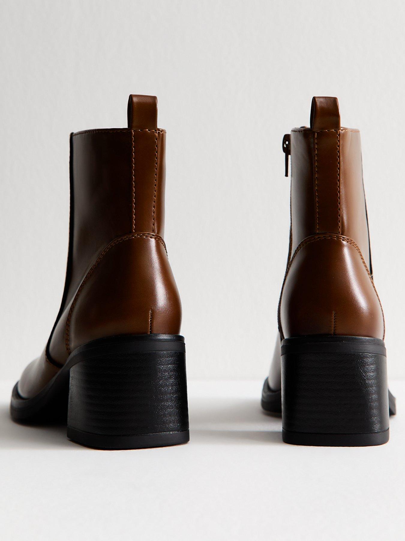 Image 3 of 5 of New Look Brown Faux Leather Block Heel Ankle Boots