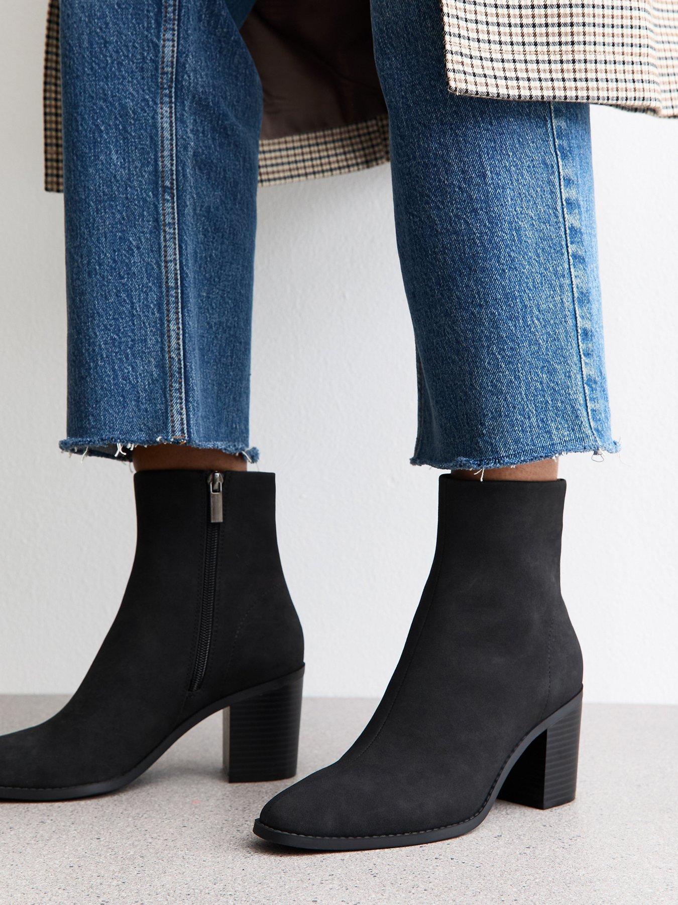 Image 1 of 6 of New Look Faux Suede Almond Toe Ankle Boots - Black