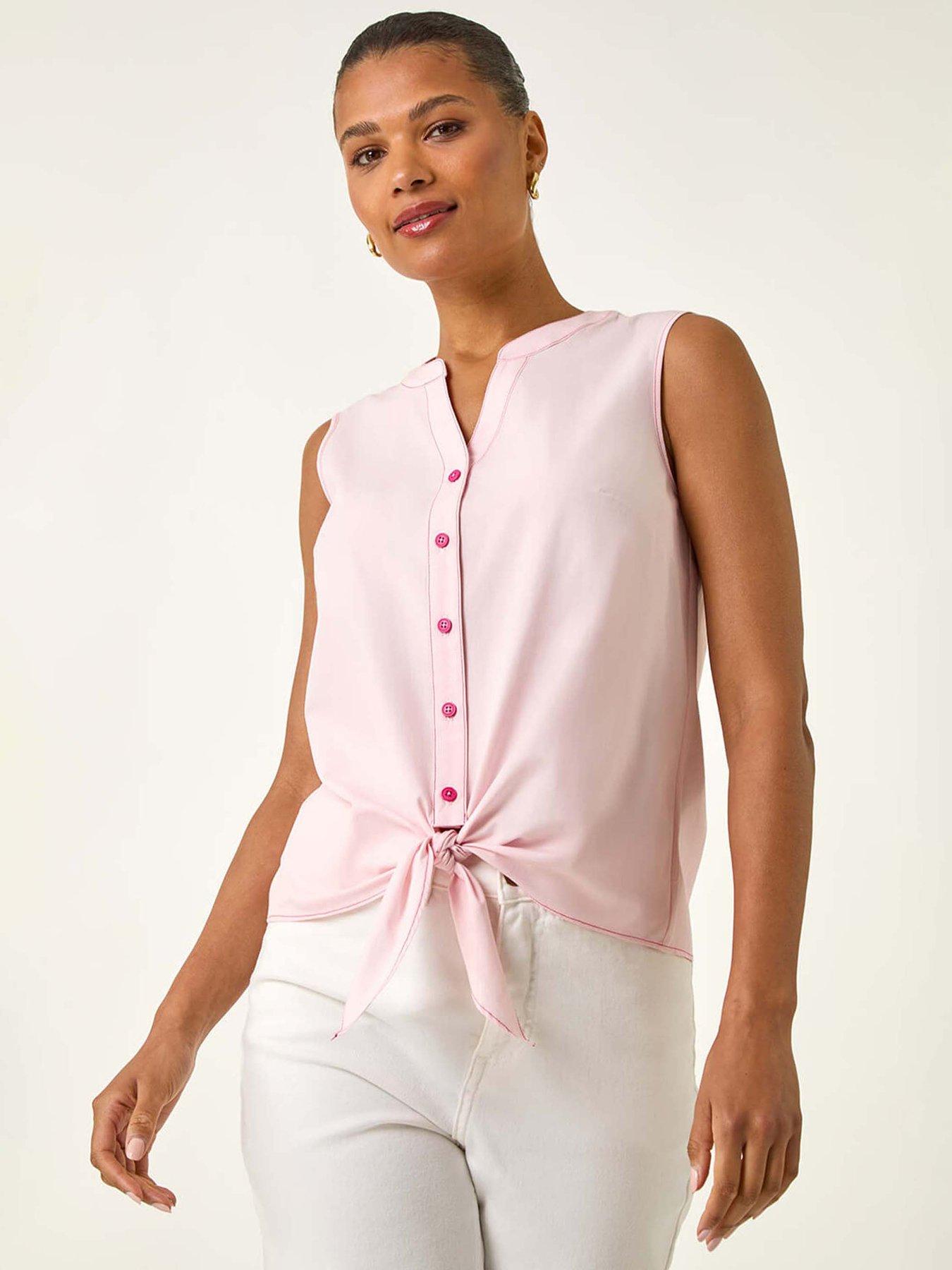 undefined Contrast V-Neck Tie Front Blouse - Pink