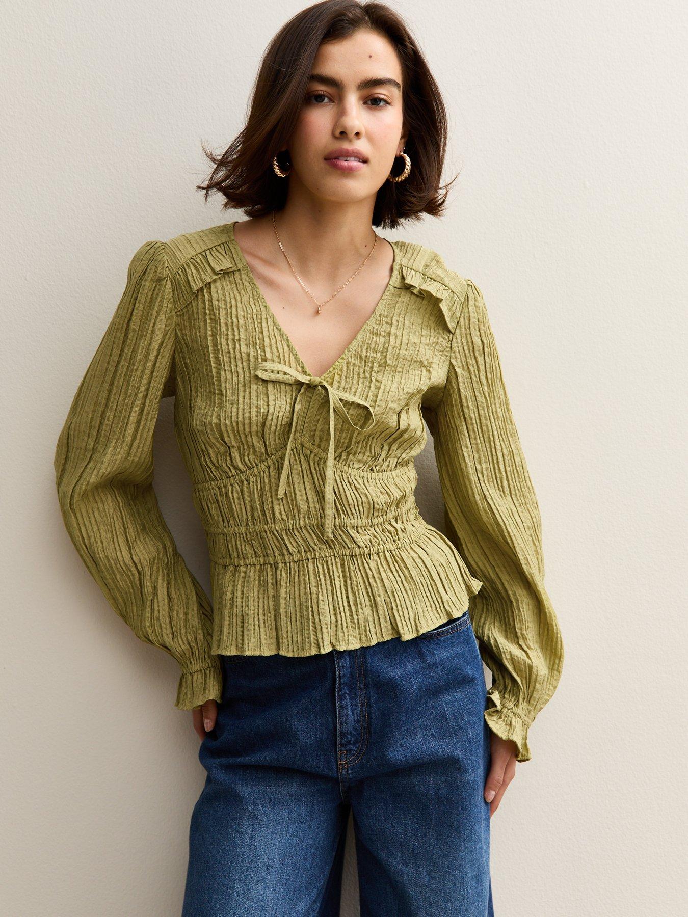 undefined Green Textured V-neck Top