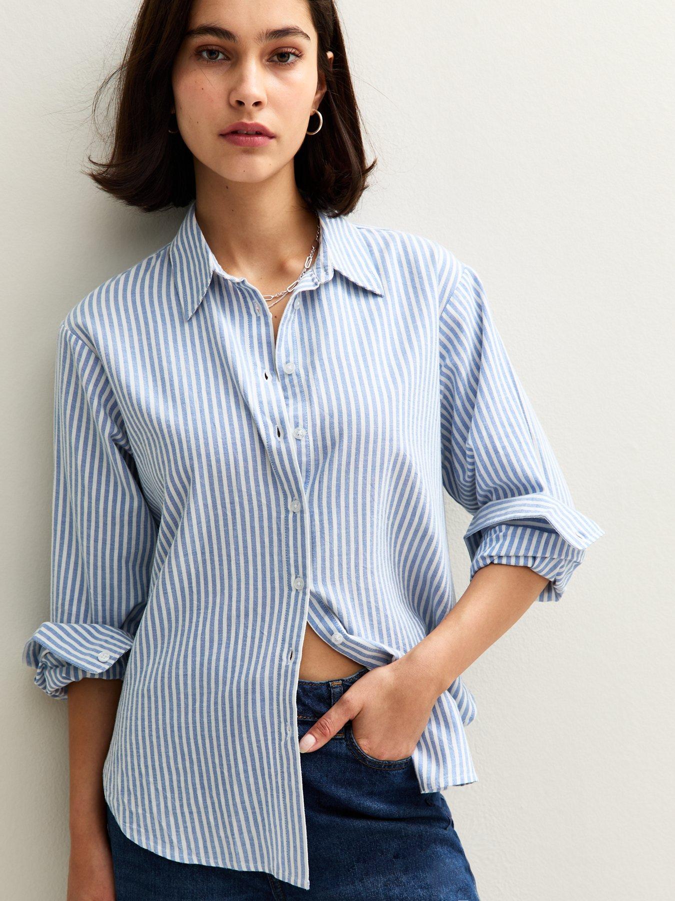 undefined Striped Long Sleeve Oxford Shirt - Blue