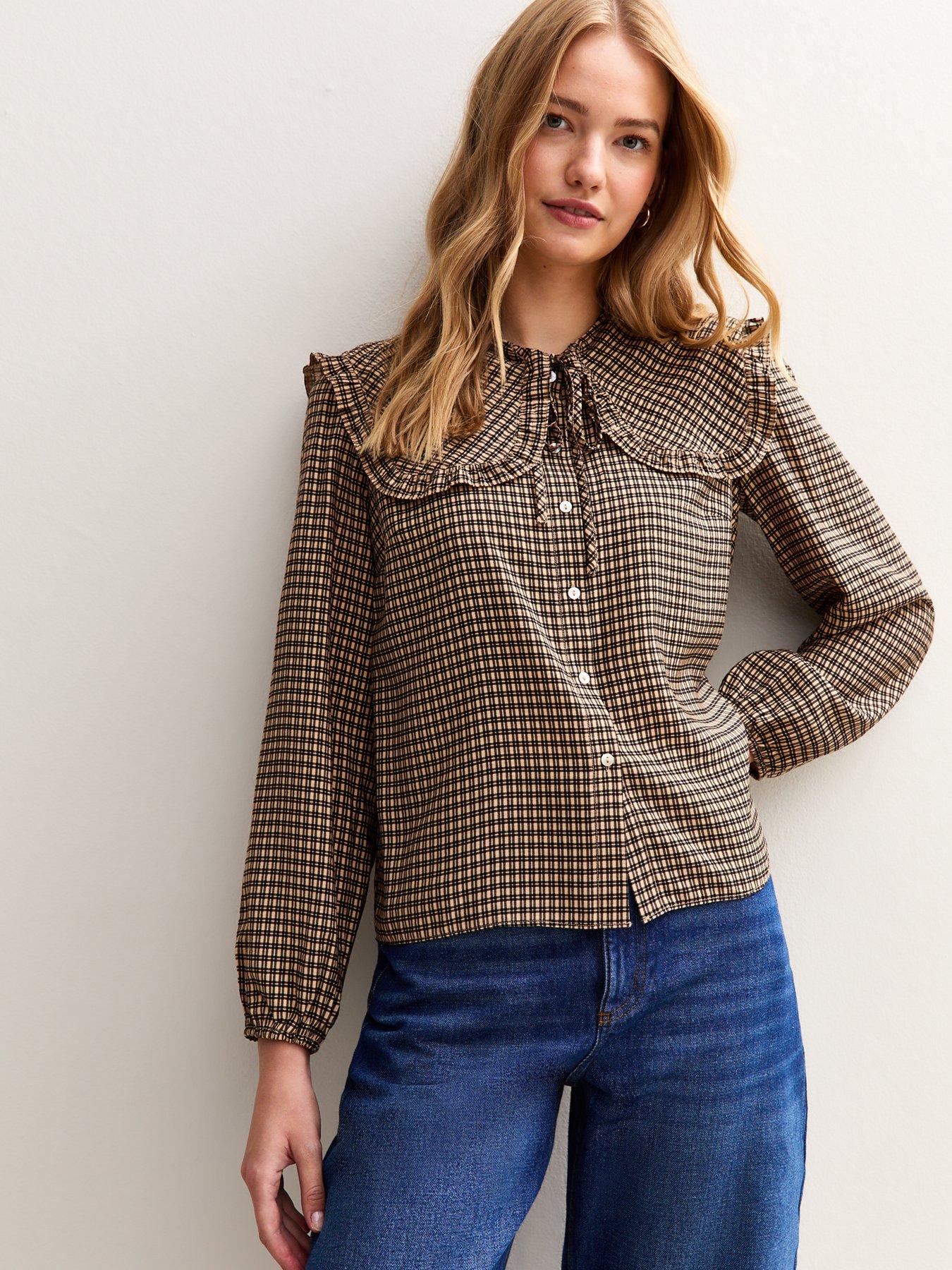 undefined Checked Print Frill Collar Shirt - Brown