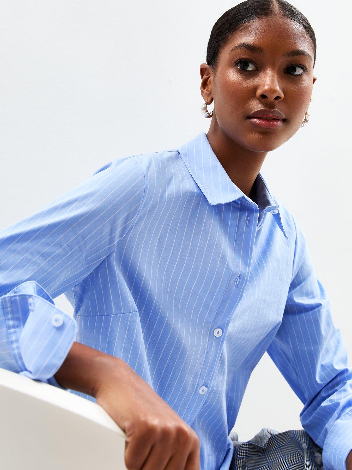Image 4 of 6 of New Look Striped Slim Fit Poplin Shirt - Blue