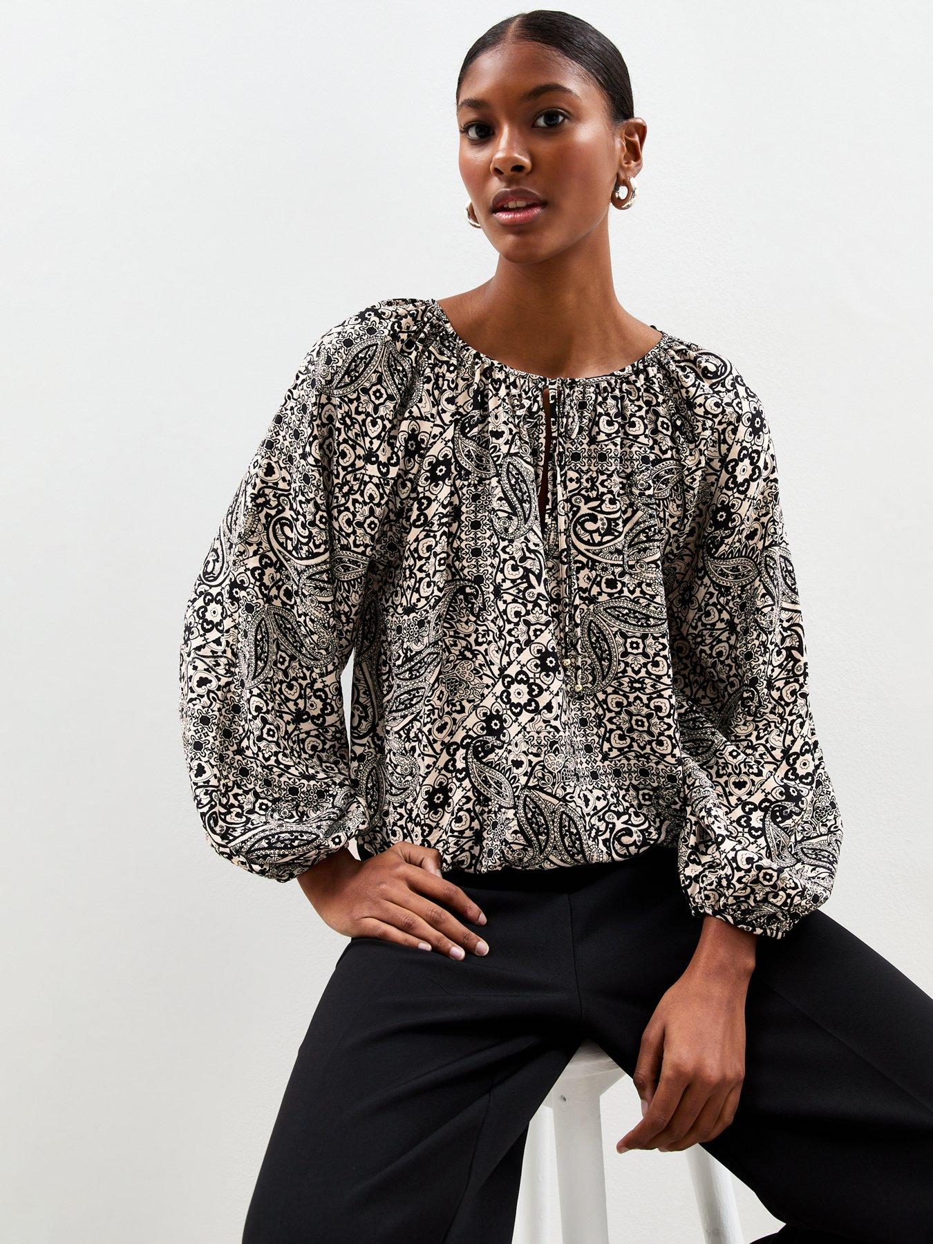 undefined Paisley Print Tie Neck Blouse - Black