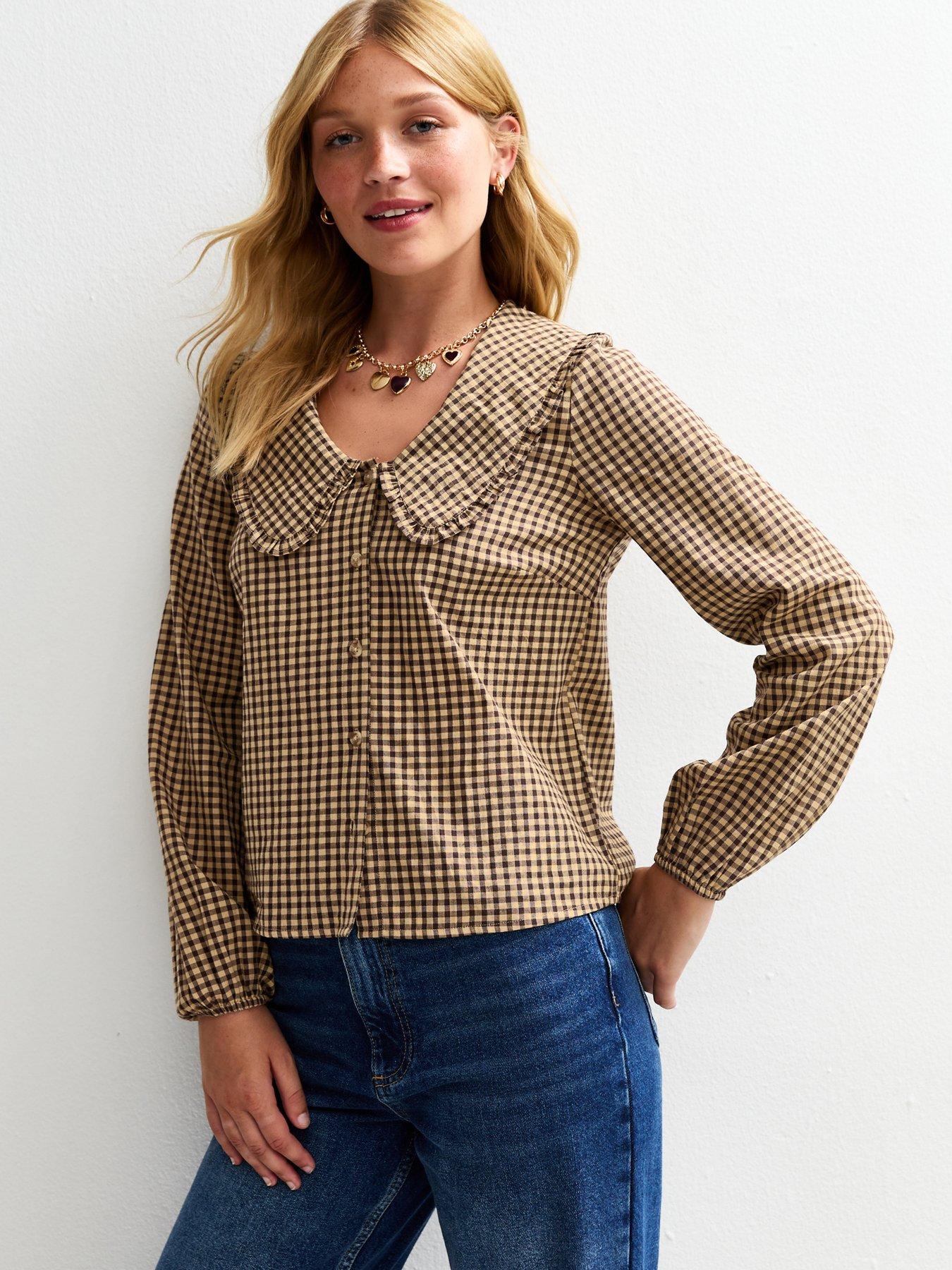 undefined Brown Gingham Check Frill Collar Blouse