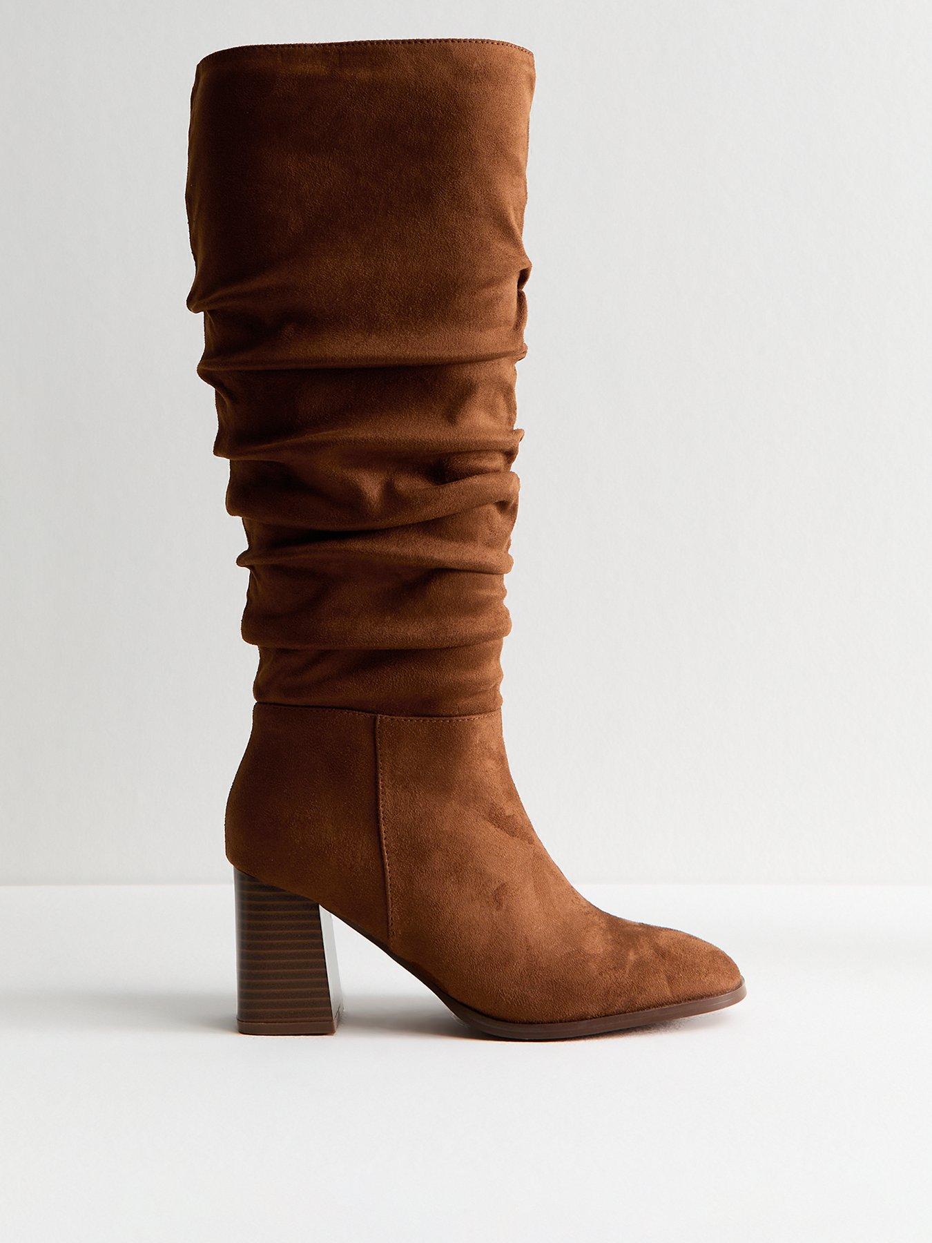 undefined Tan Faux Suede Ruched Knee High Boots