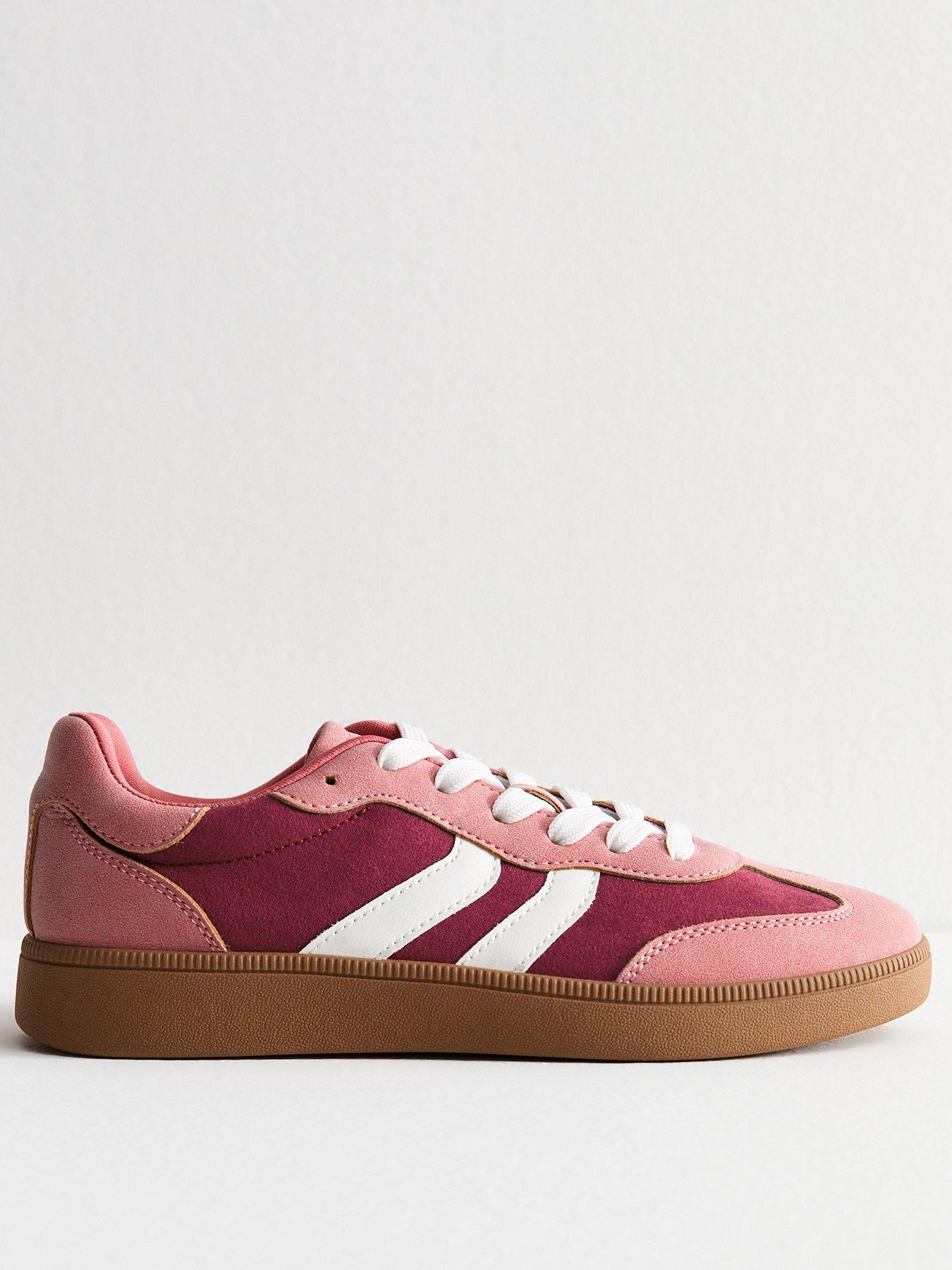 undefined Faux Suede Contrast Panelled Lace Up Trainers - Pink