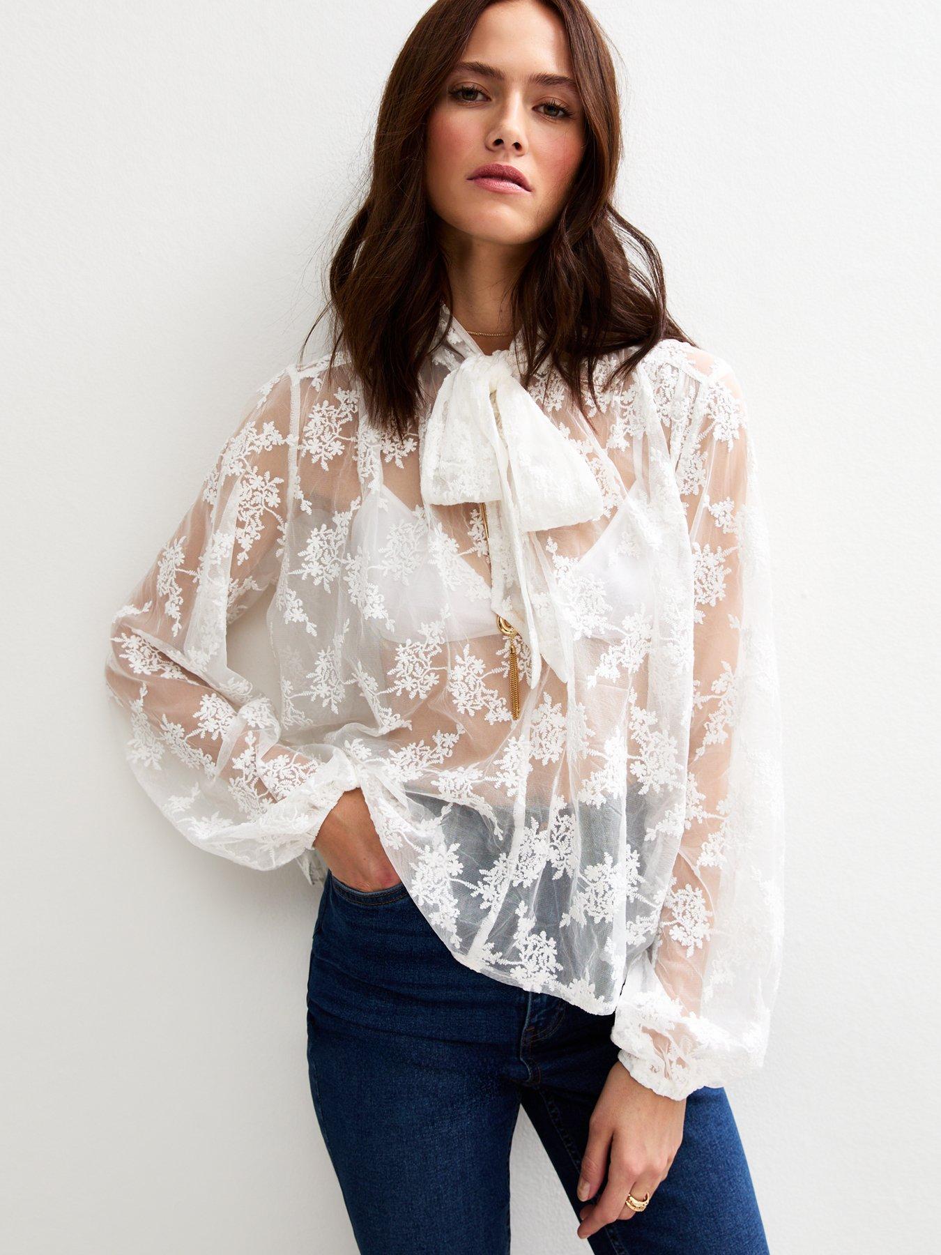New Look Floral Lace Pussybow Blouse - White