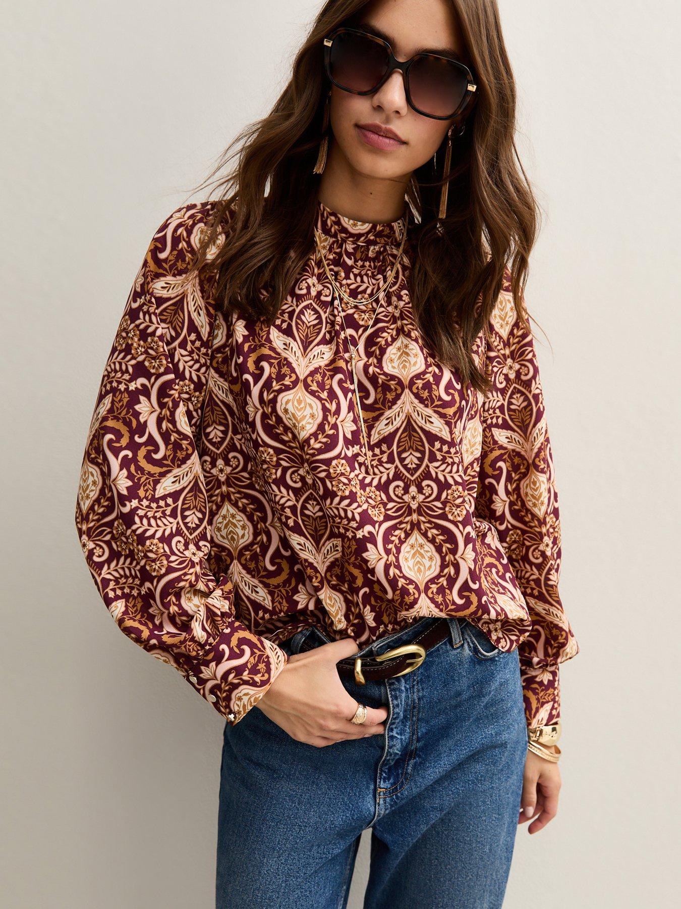 New Look Pink Patterned High Neck Long Sleeve Blouse