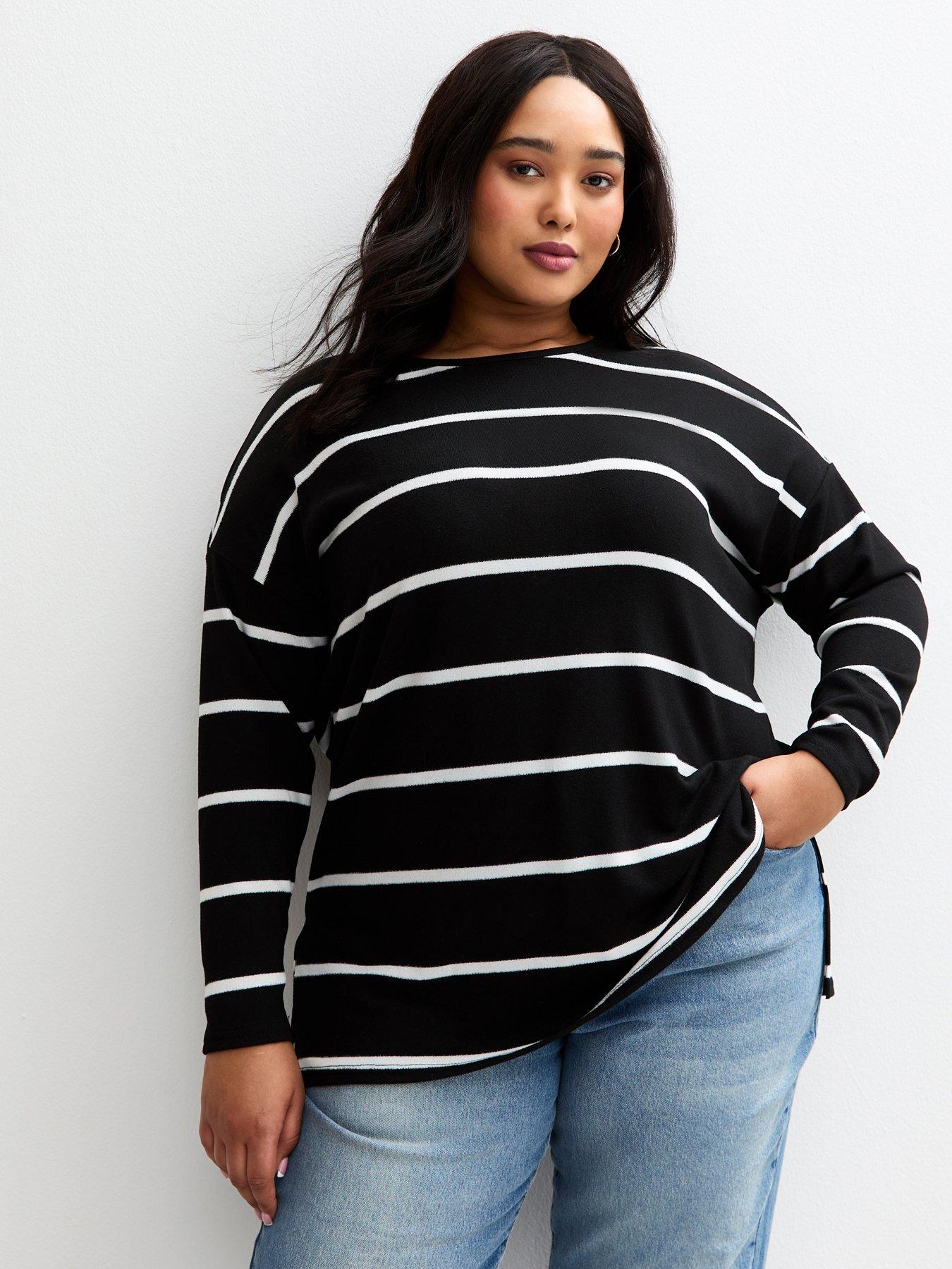 New Look Curves Soft Touch Striped Long Sleeve Top - Black