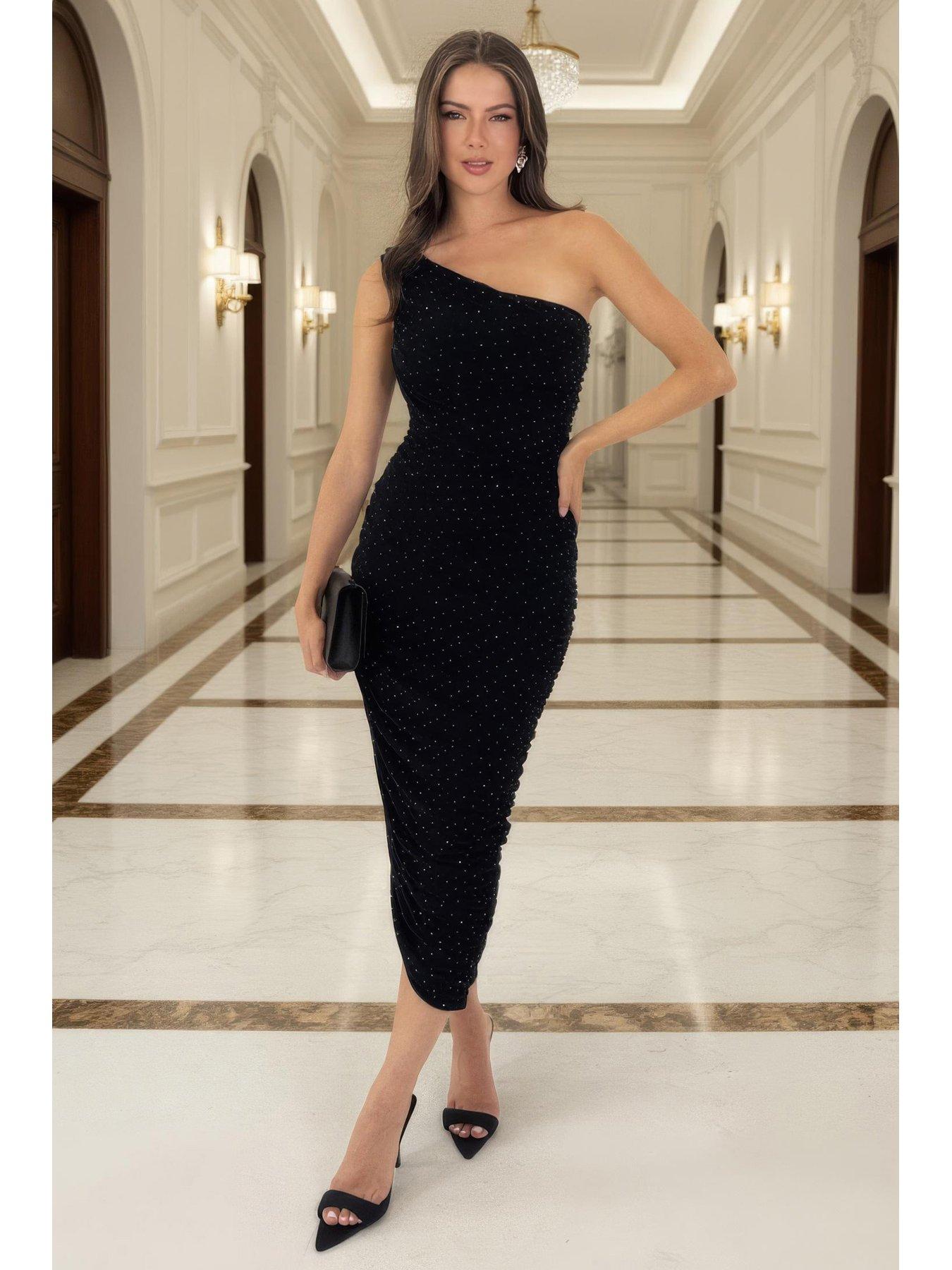 AX Paris Diamante Sparkle One Shoulder Ruched Midi Dress - Black