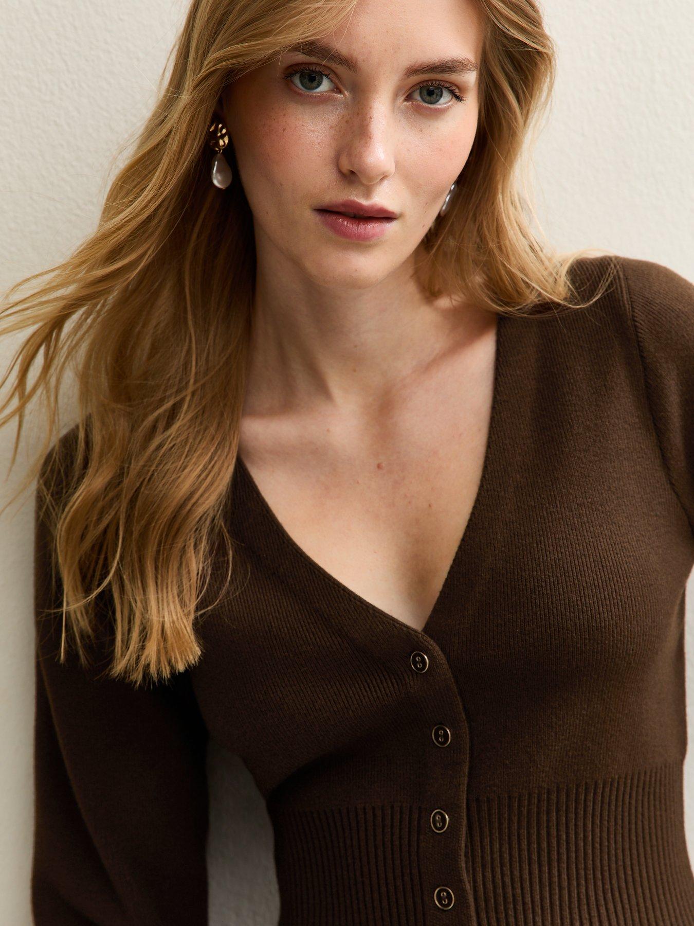 New Look Compact Knit Peplum Hem Cardigan - Brown