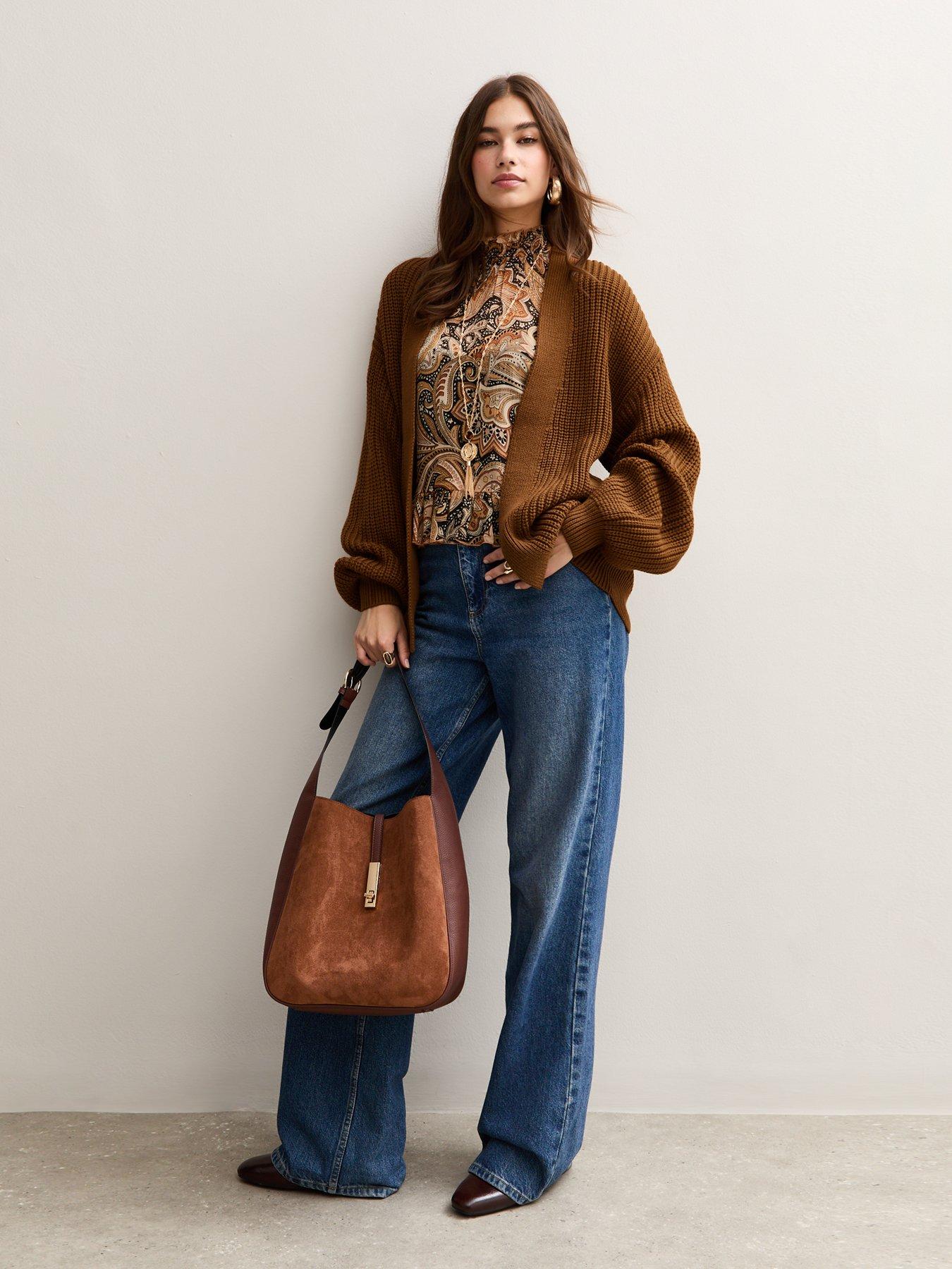 undefined Tan Stitch Knit Balloon Sleeve Cardigan - Brown