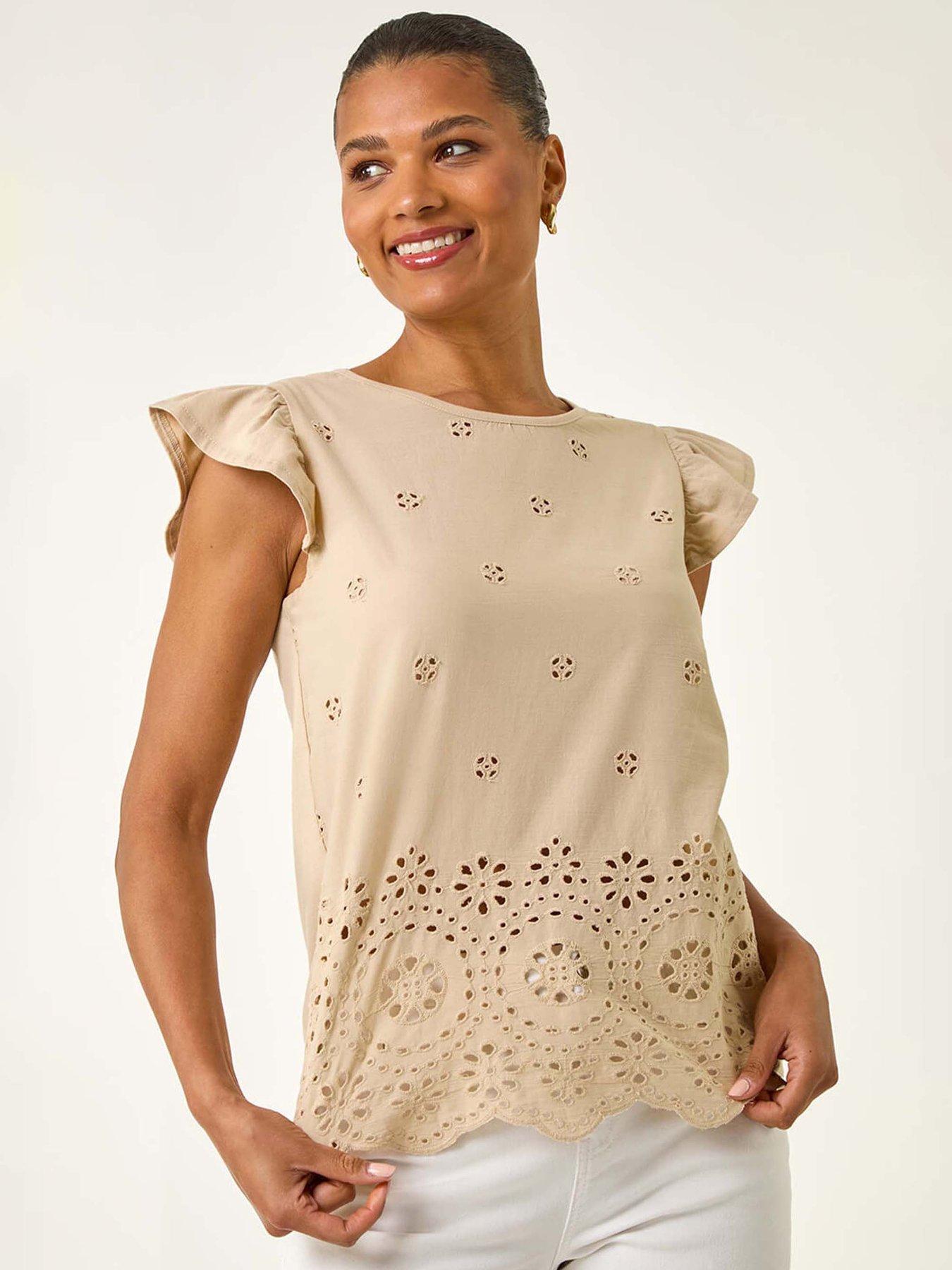 undefined Broderie Hem Stretch Top - Grey