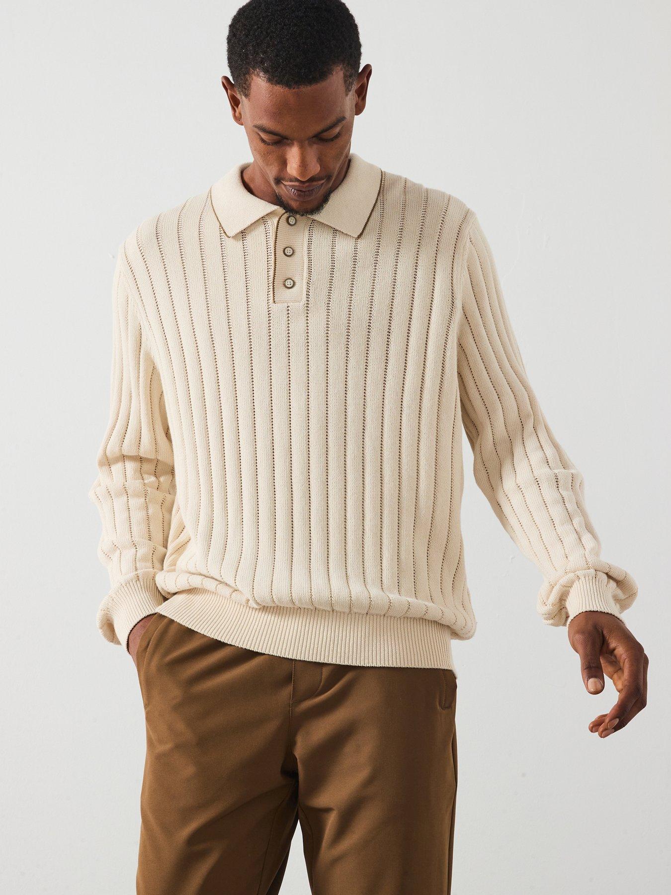 undefined Bogart Rugby Long Sleeve Knitted Polo Shirt - Light Beige