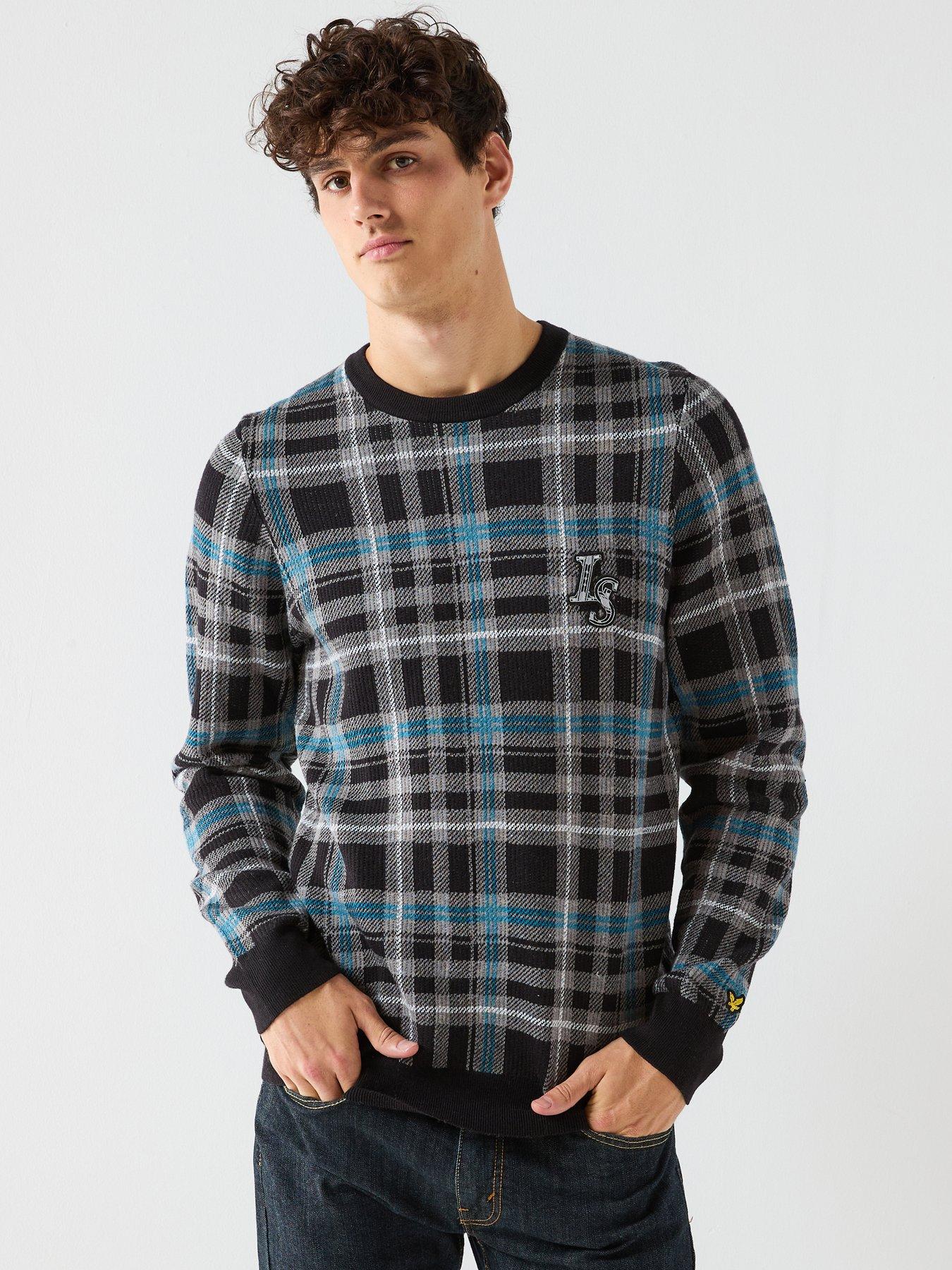 Lyle & Scott Knitted Jacquard Tartan Crew Neck Jumper, Black, Size 2Xl, Men