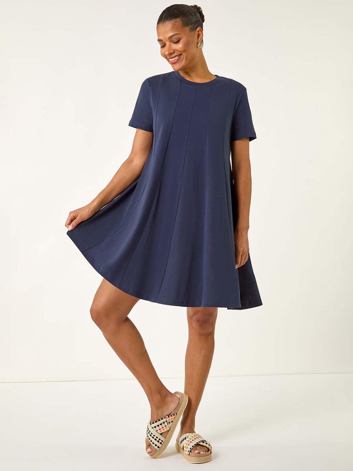undefined Cotton Panelled Swing Stretch Dress - Navy