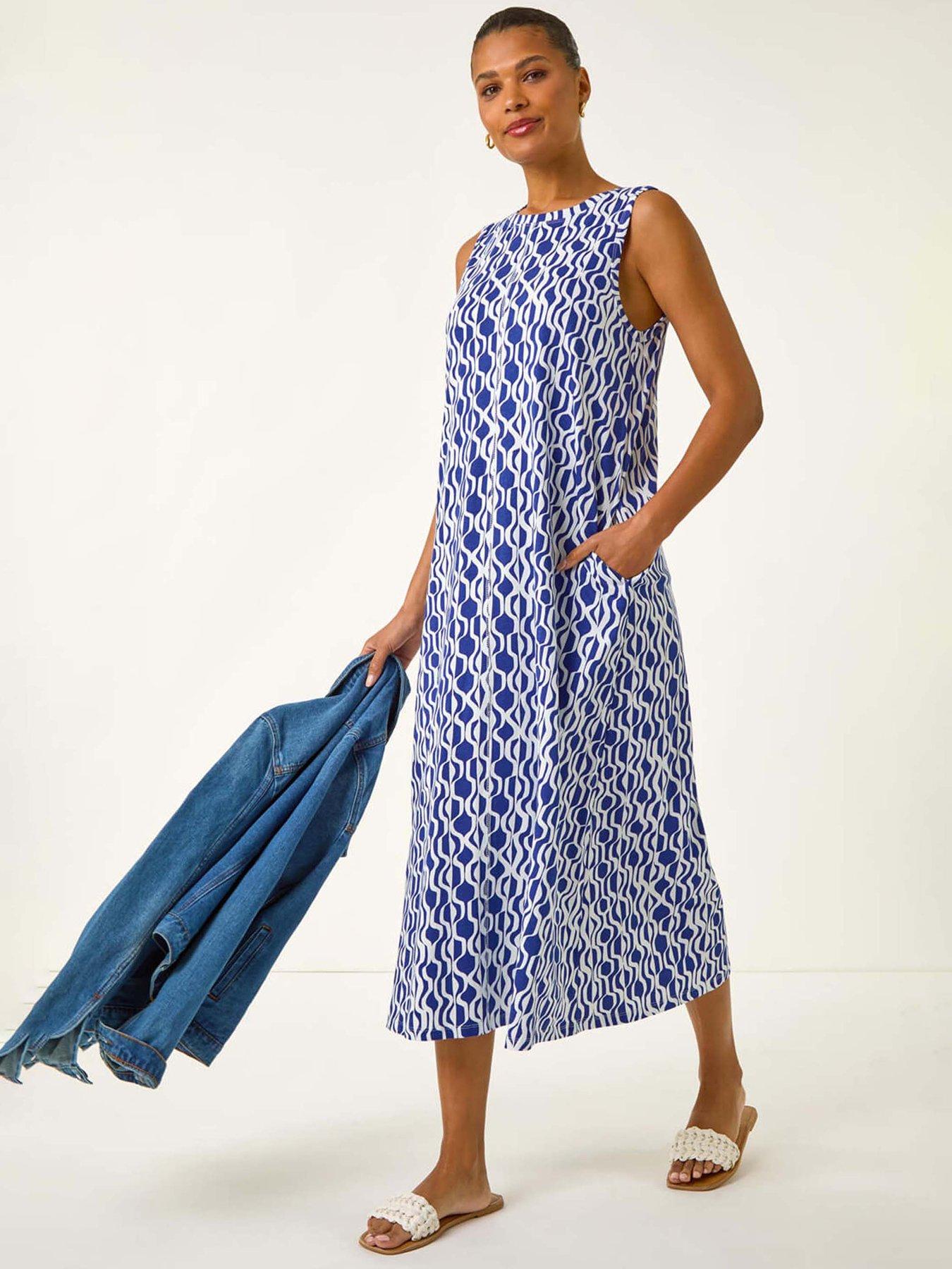 Roman Geo Print Pocket Midi Dress, Blue, Size 20, Women