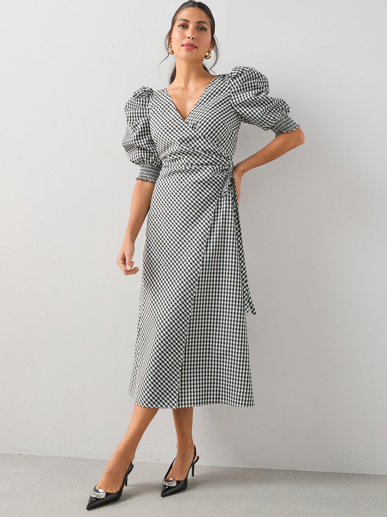 knee length dresses for ladies V-Neck Linen Dress Chania in Black Gingham main image 0