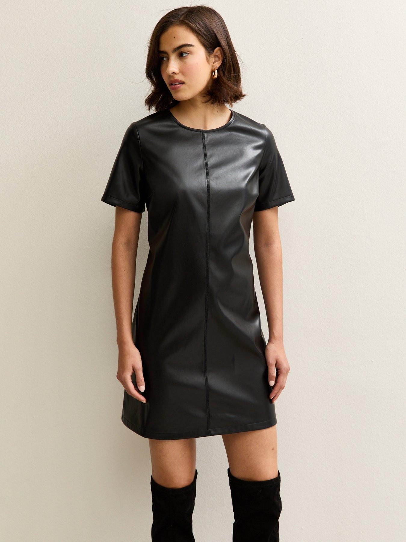 black faux leather shirt dress Black Faux Leather Belted Shirt Mini Dress