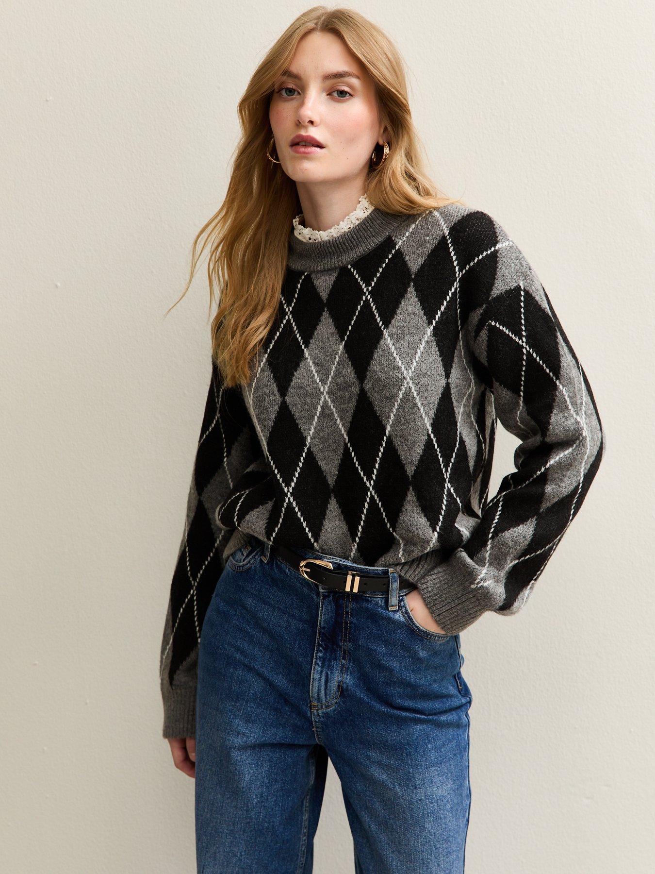 undefined Argyle Crew Neck Midweight Knit Jumper - Grey