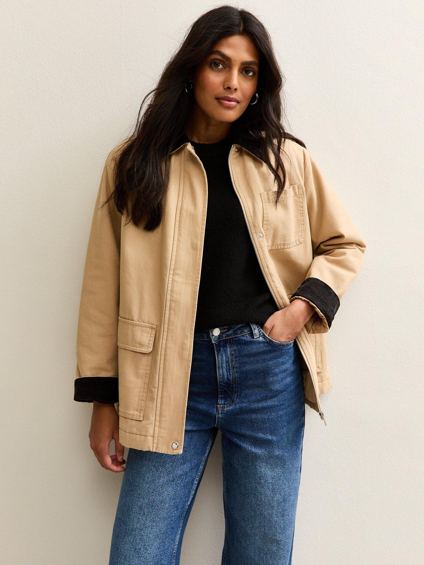 undefined Stone Contrast Collar Midi Barn Jacket - Cream