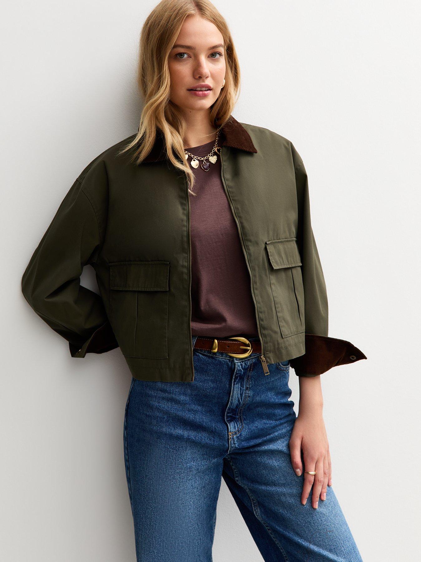undefined Khaki Contrast Collar Cropped Barn Jacket - Green