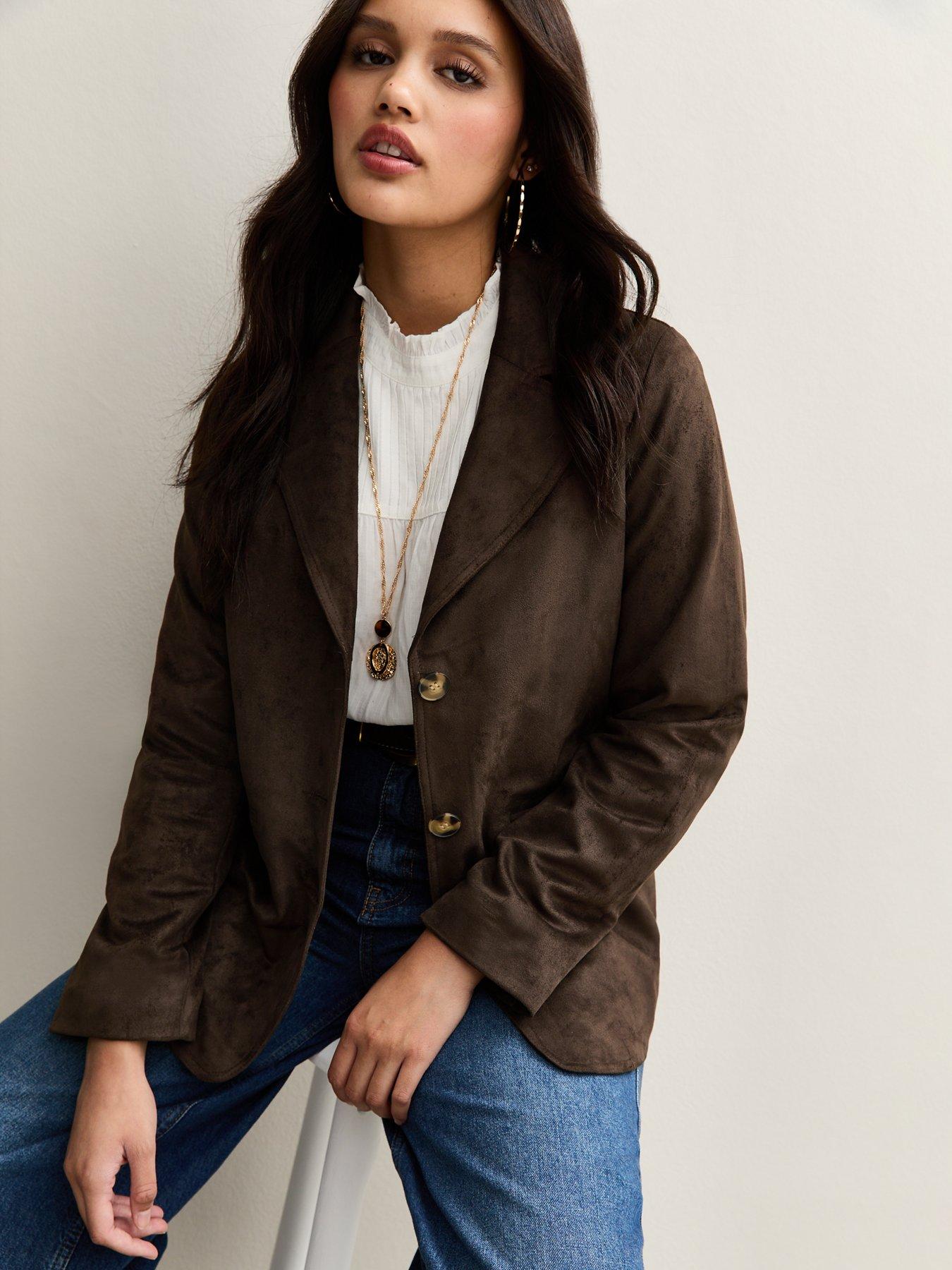 undefined Faux Suede Button Through Jacket - Dark Brown